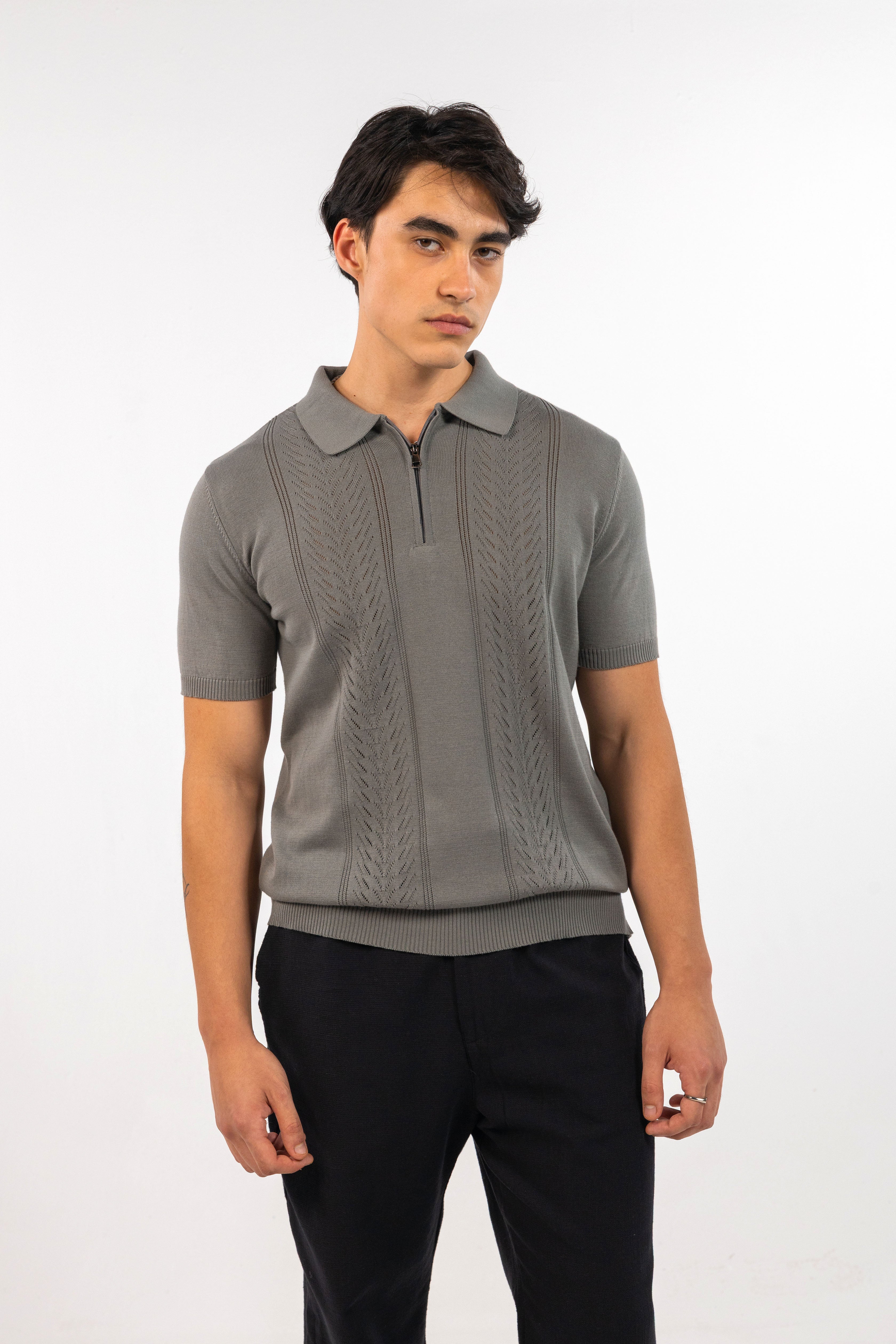 Olive Quarter Zipped Knit Polo