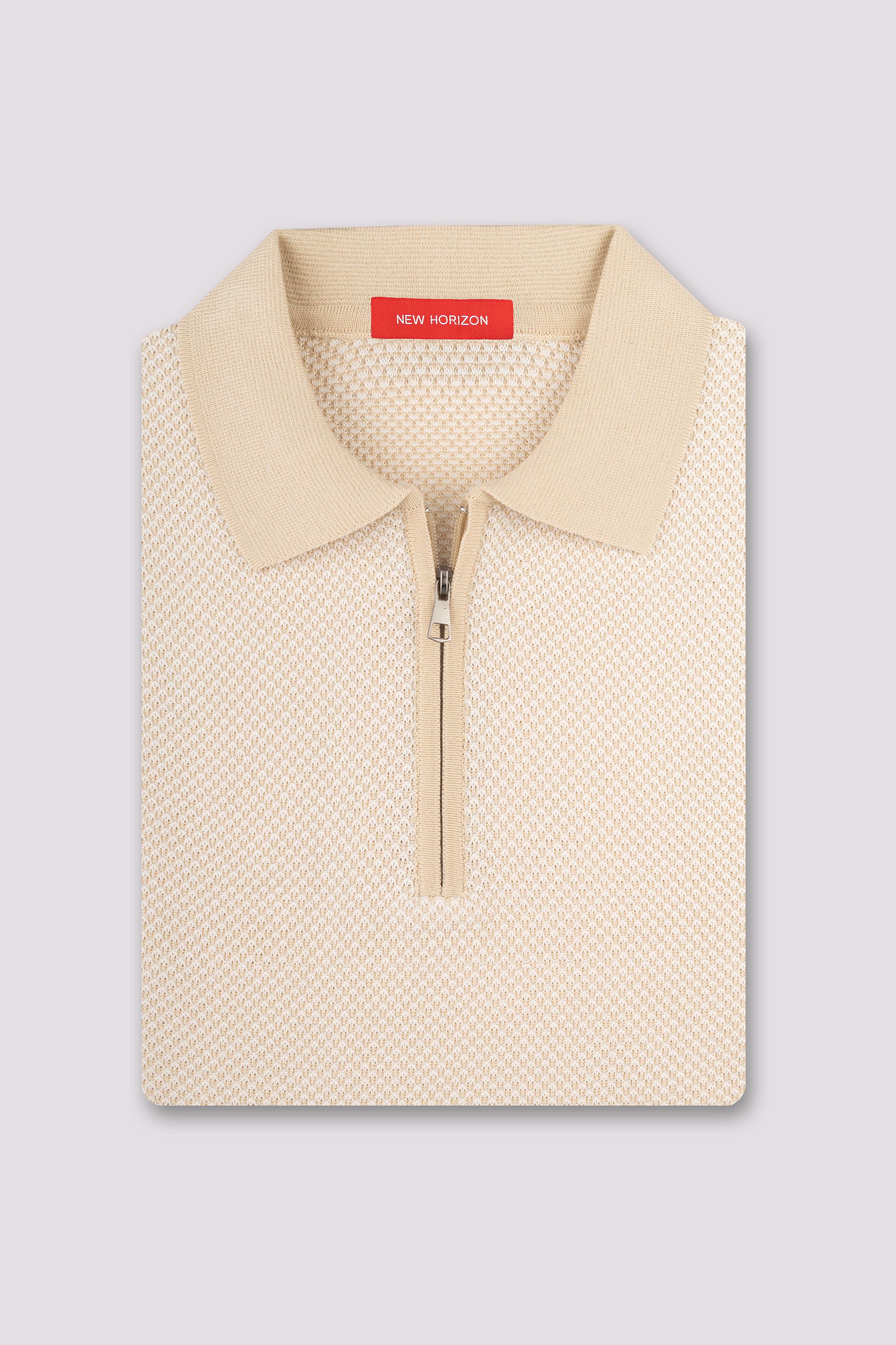 Beige Jacquard Zipped Polo