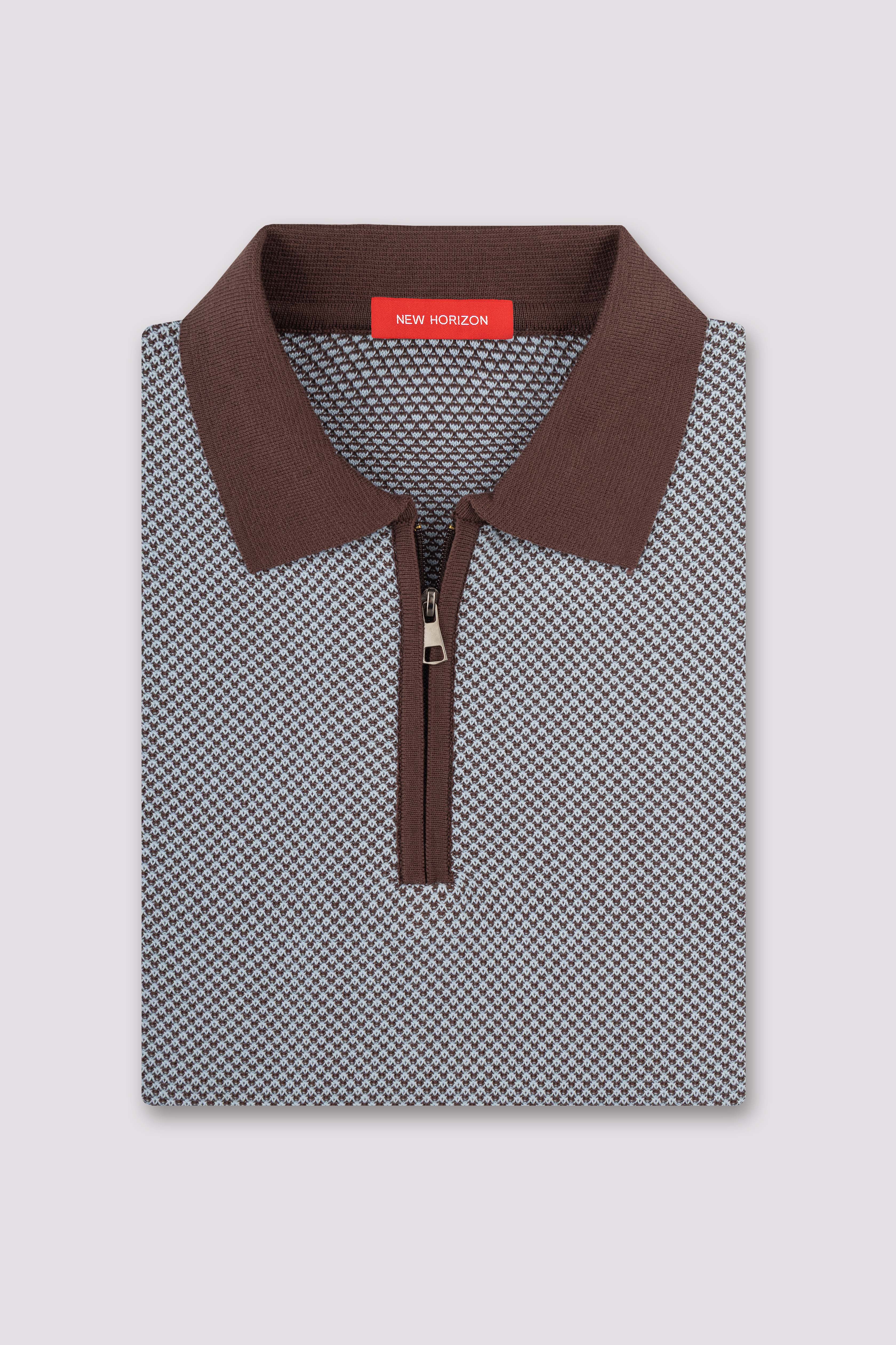 Brown Jacquard Zipped Polo