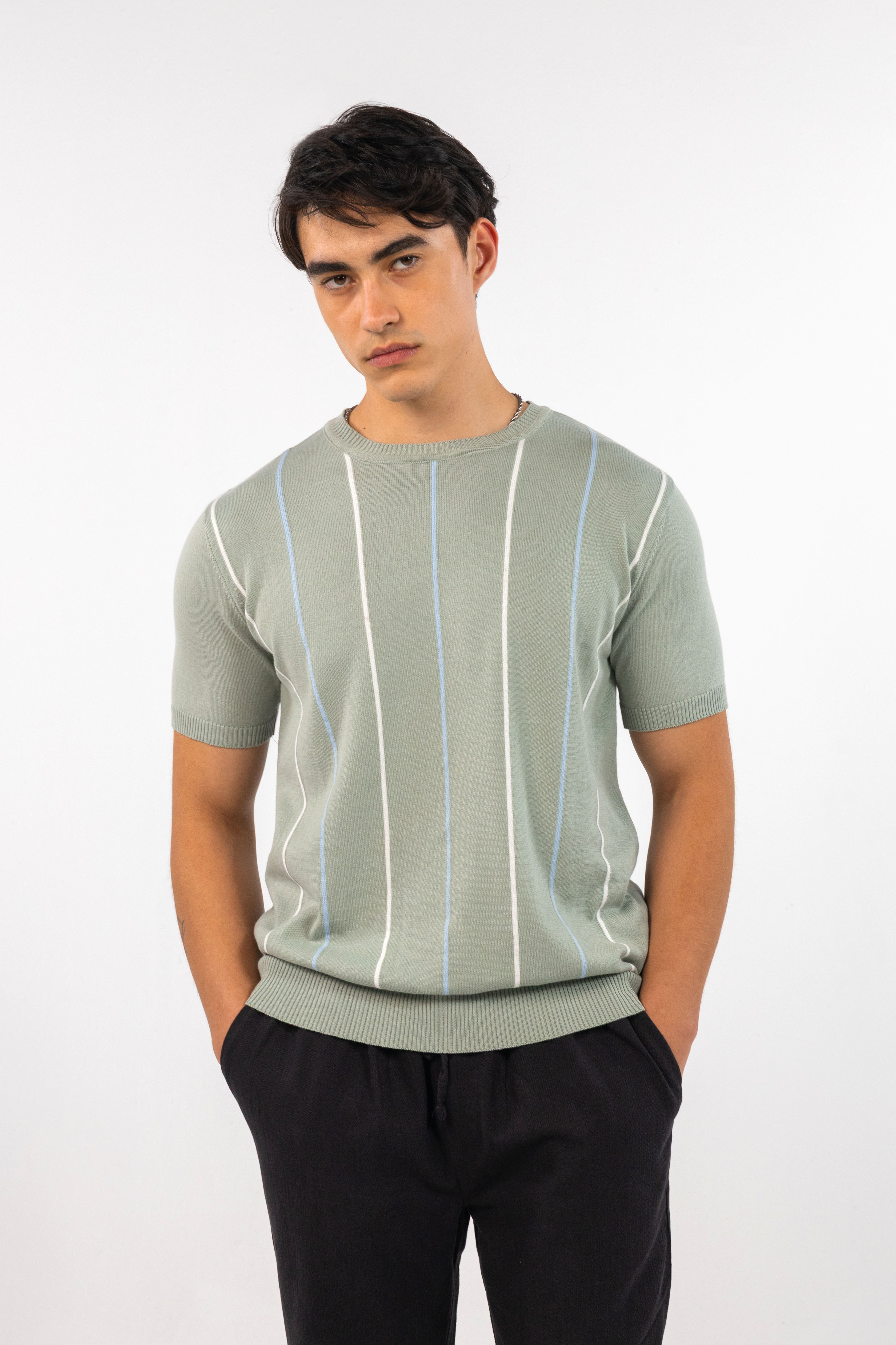 Mint Fine Striped Knit T-Shirt