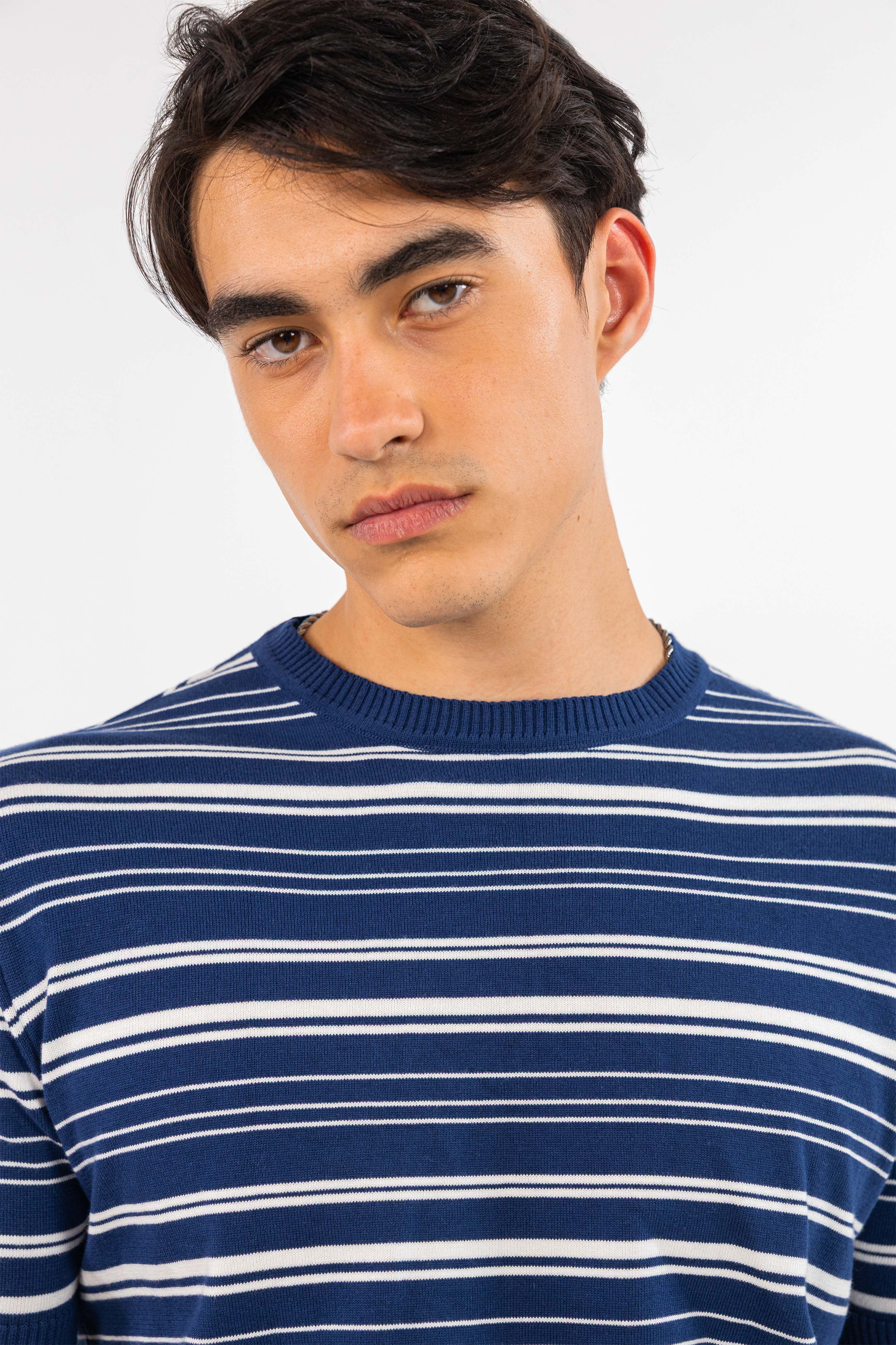 Dark Blue Striped Knitted T-Shirt