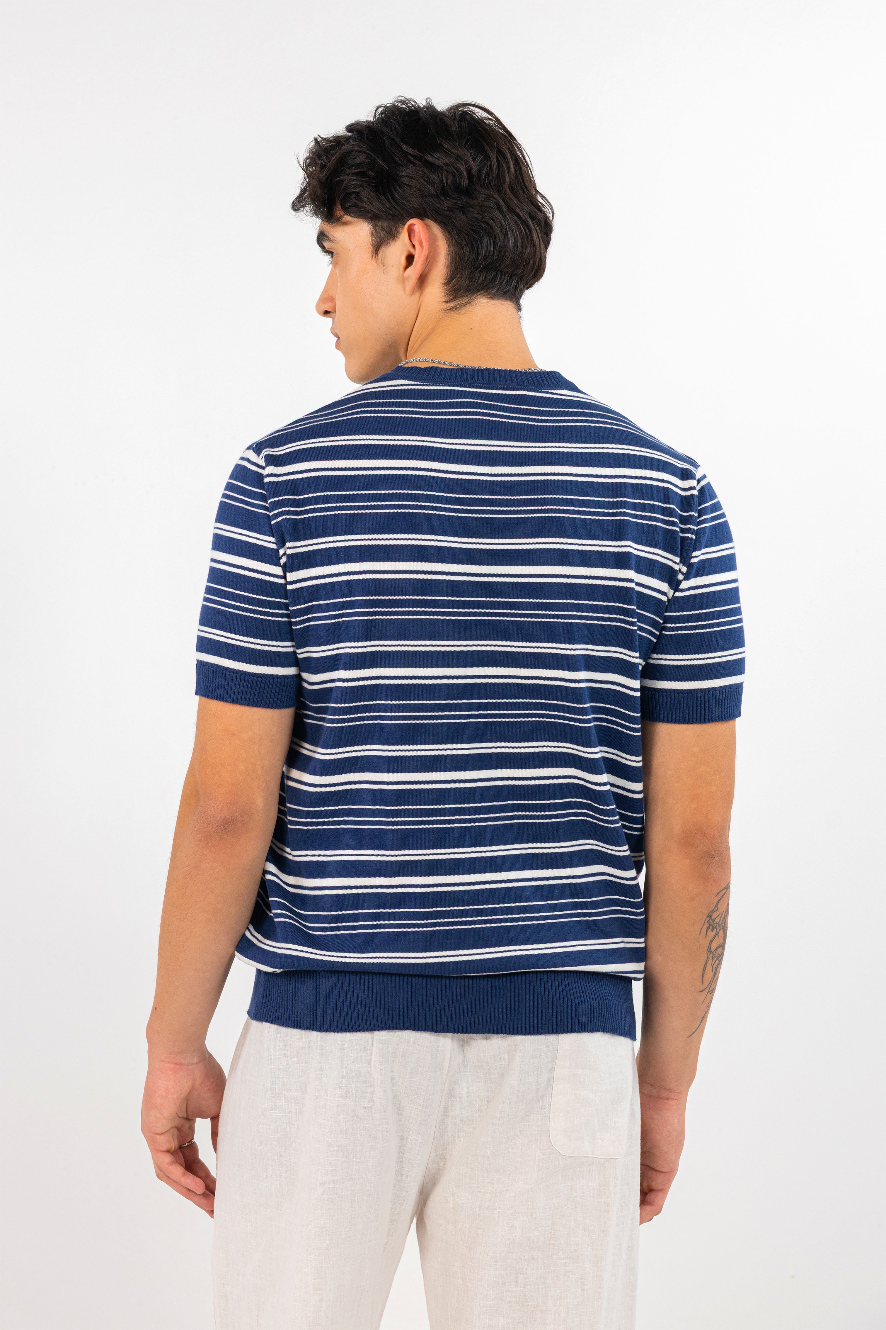 Dark Blue Striped Knitted T-Shirt