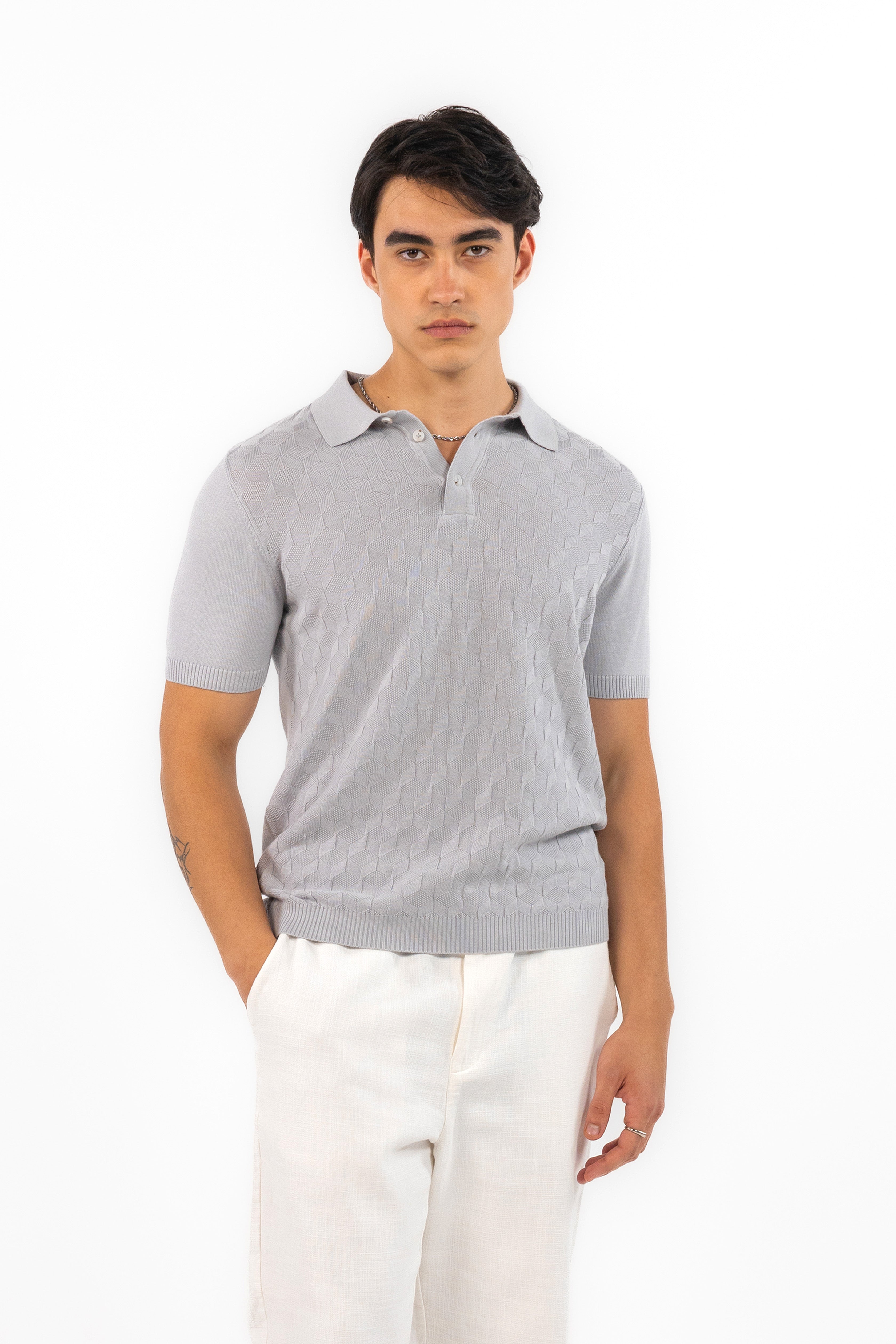Silver Textured Knitted Polo