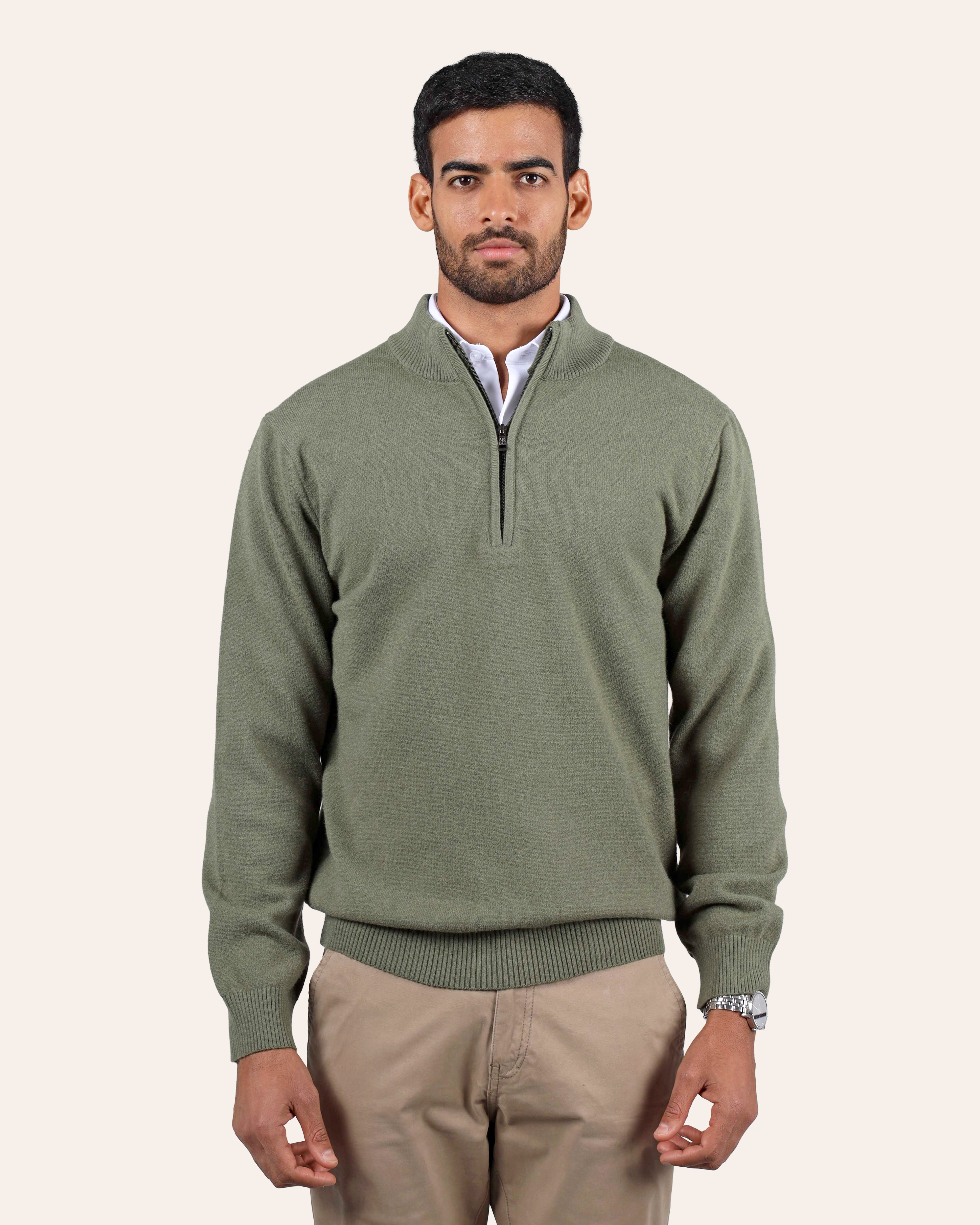 Green Wool Knitted Quarter-Zip