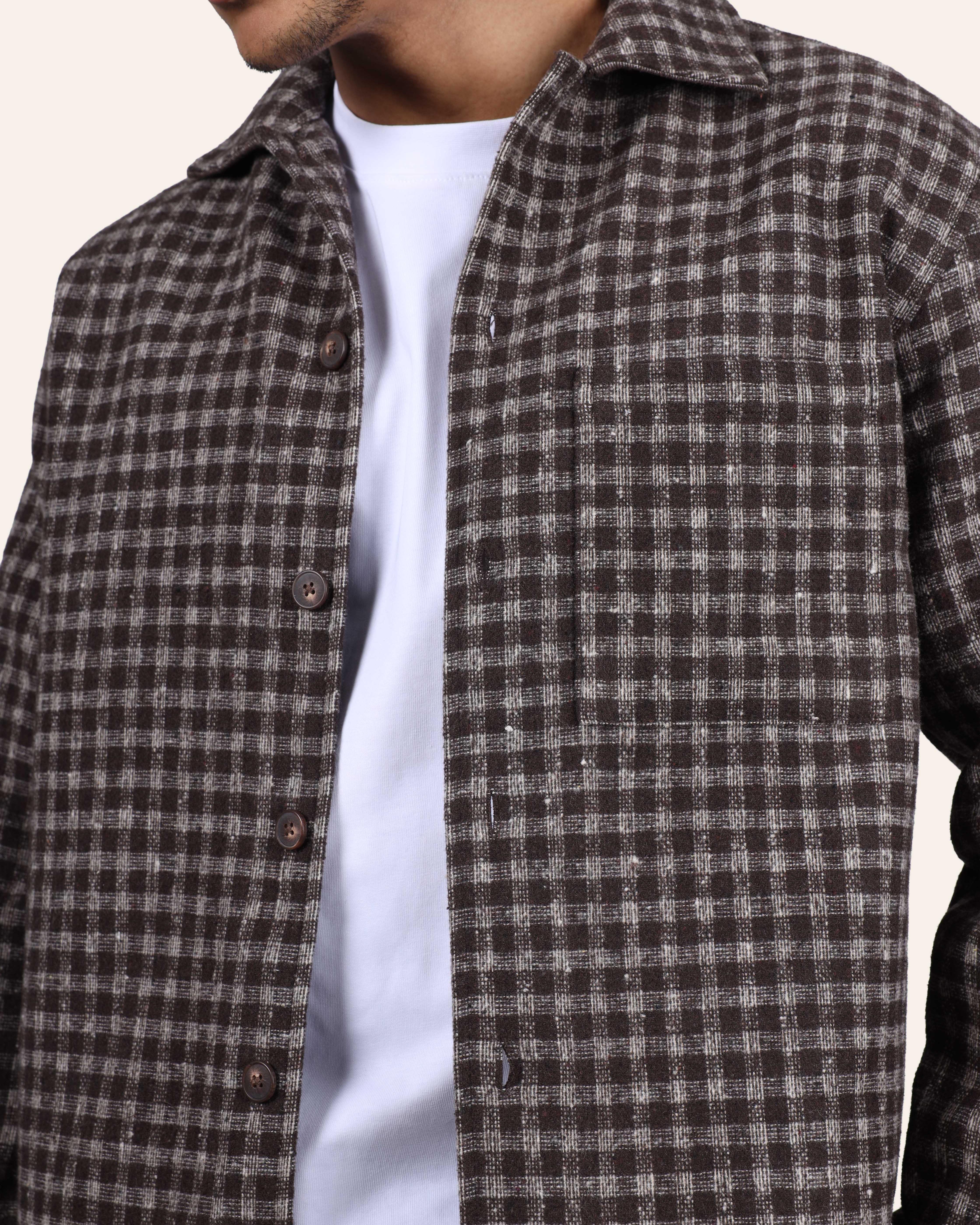Brown Textured Check Overshirt