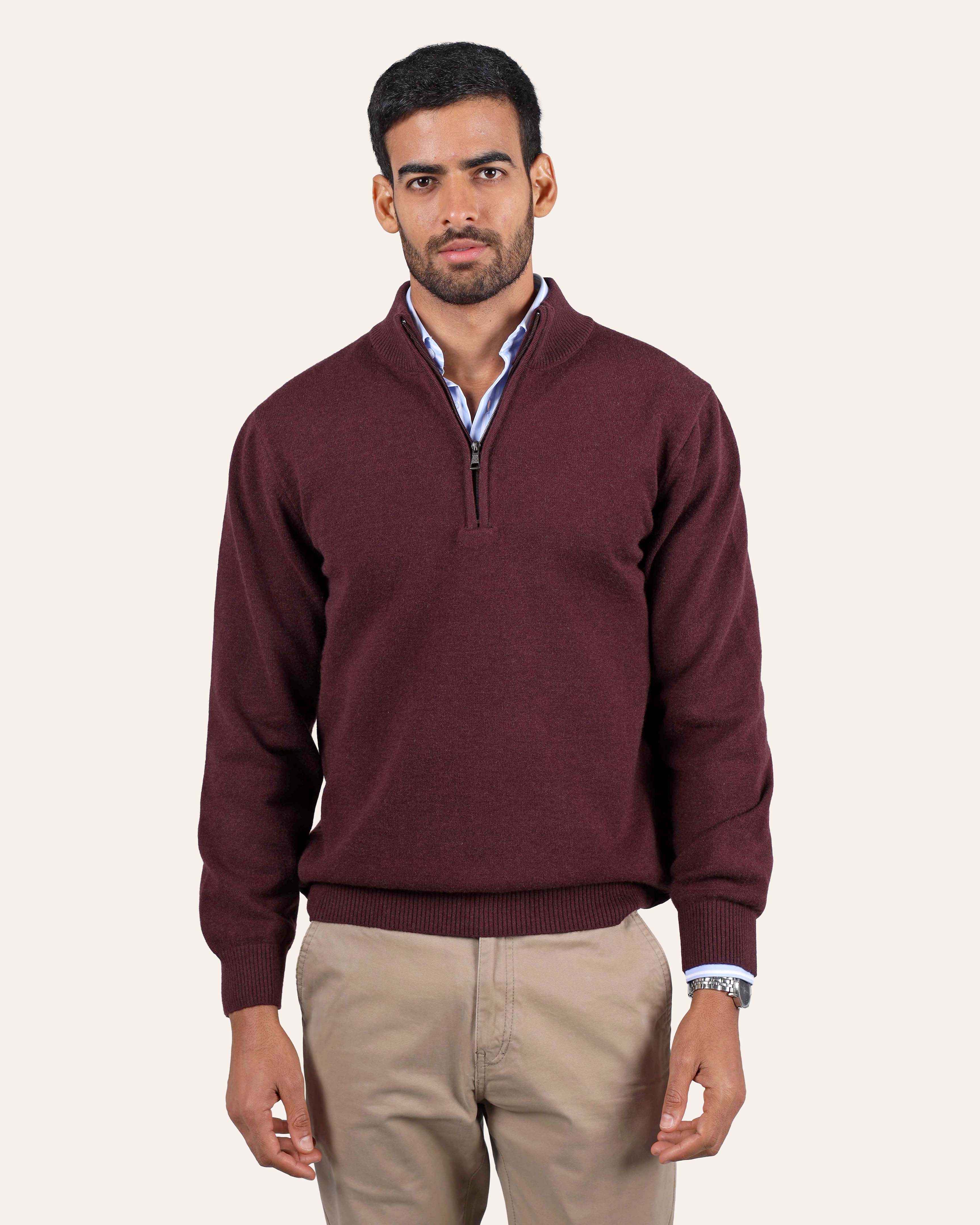 Burgundy Wool Knitted Quarter-Zip