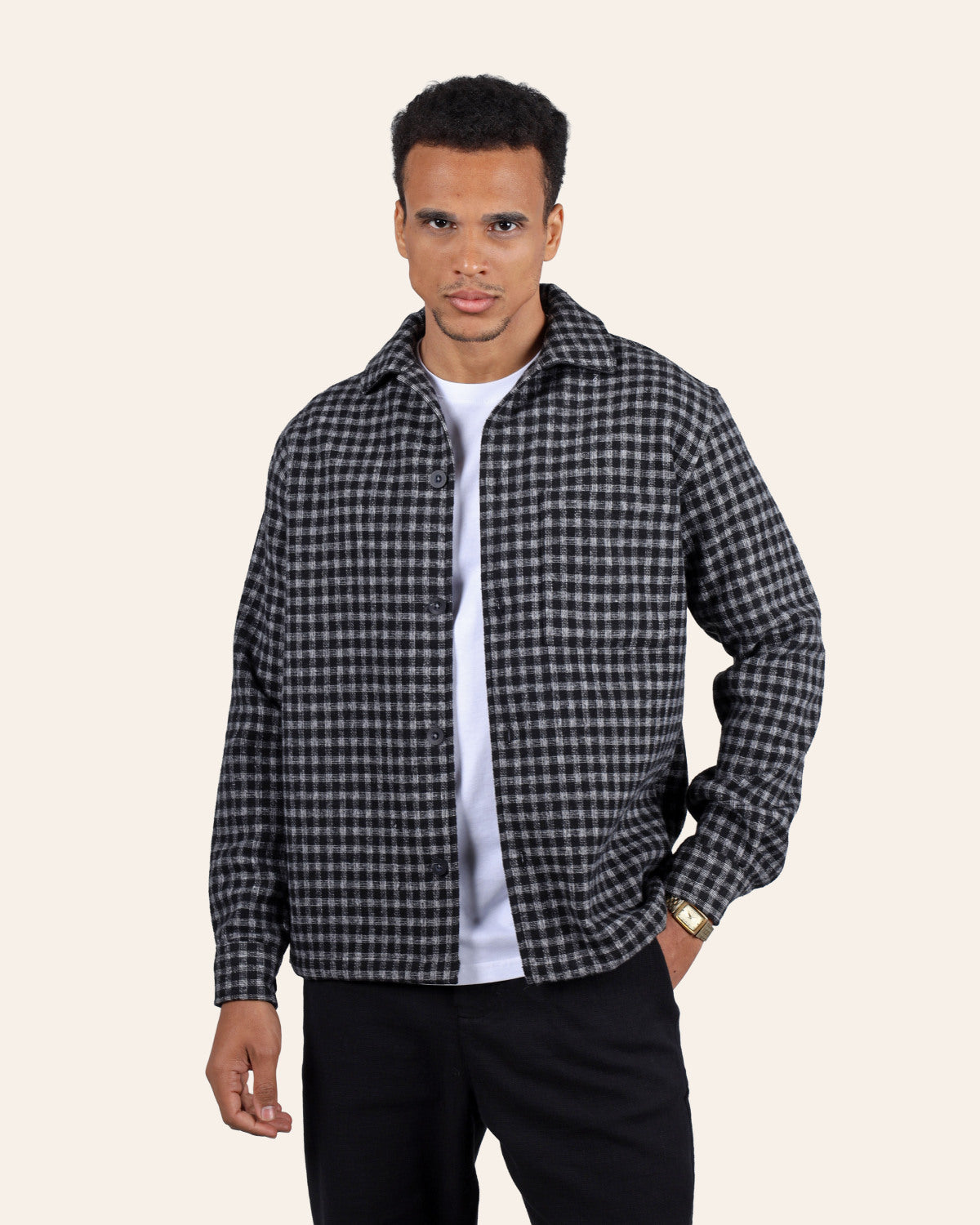 Black Textured Check Overshirt