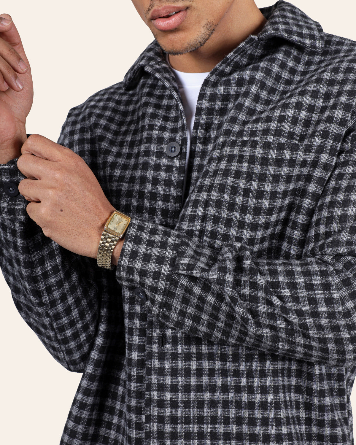 Black Textured Check Overshirt