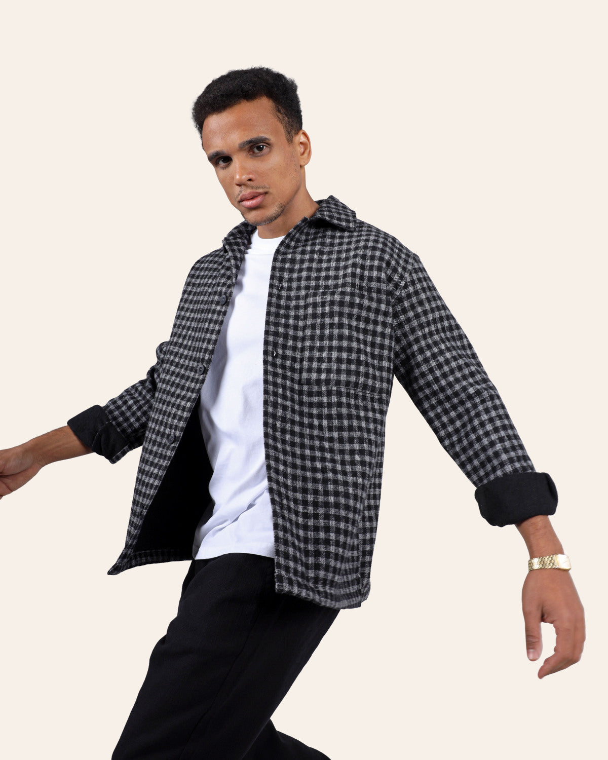 Black Textured Check Overshirt