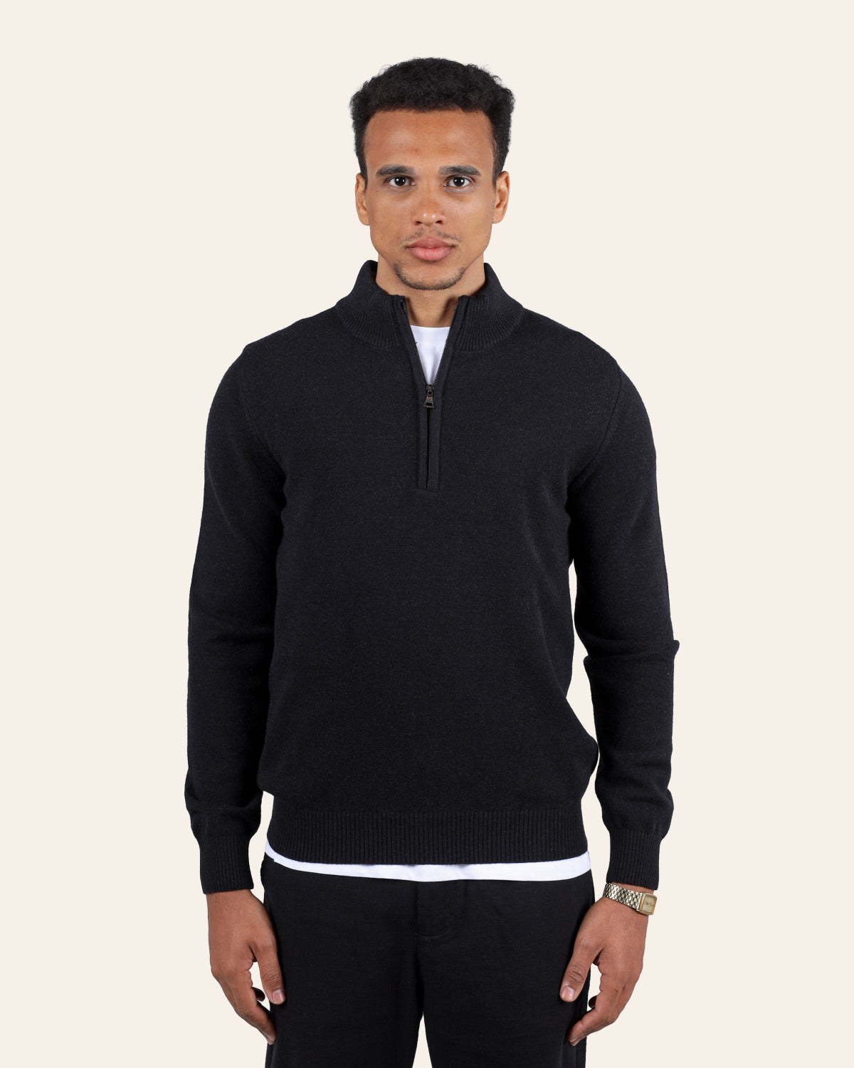 Black Wool Knitted Quarter-Zip