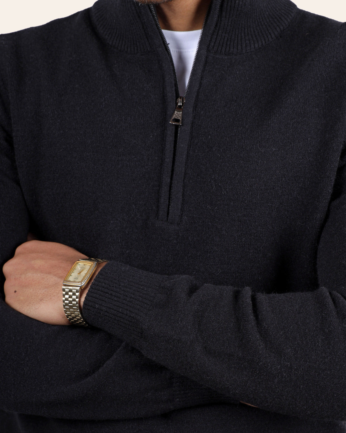 Black Wool Knitted Quarter-Zip