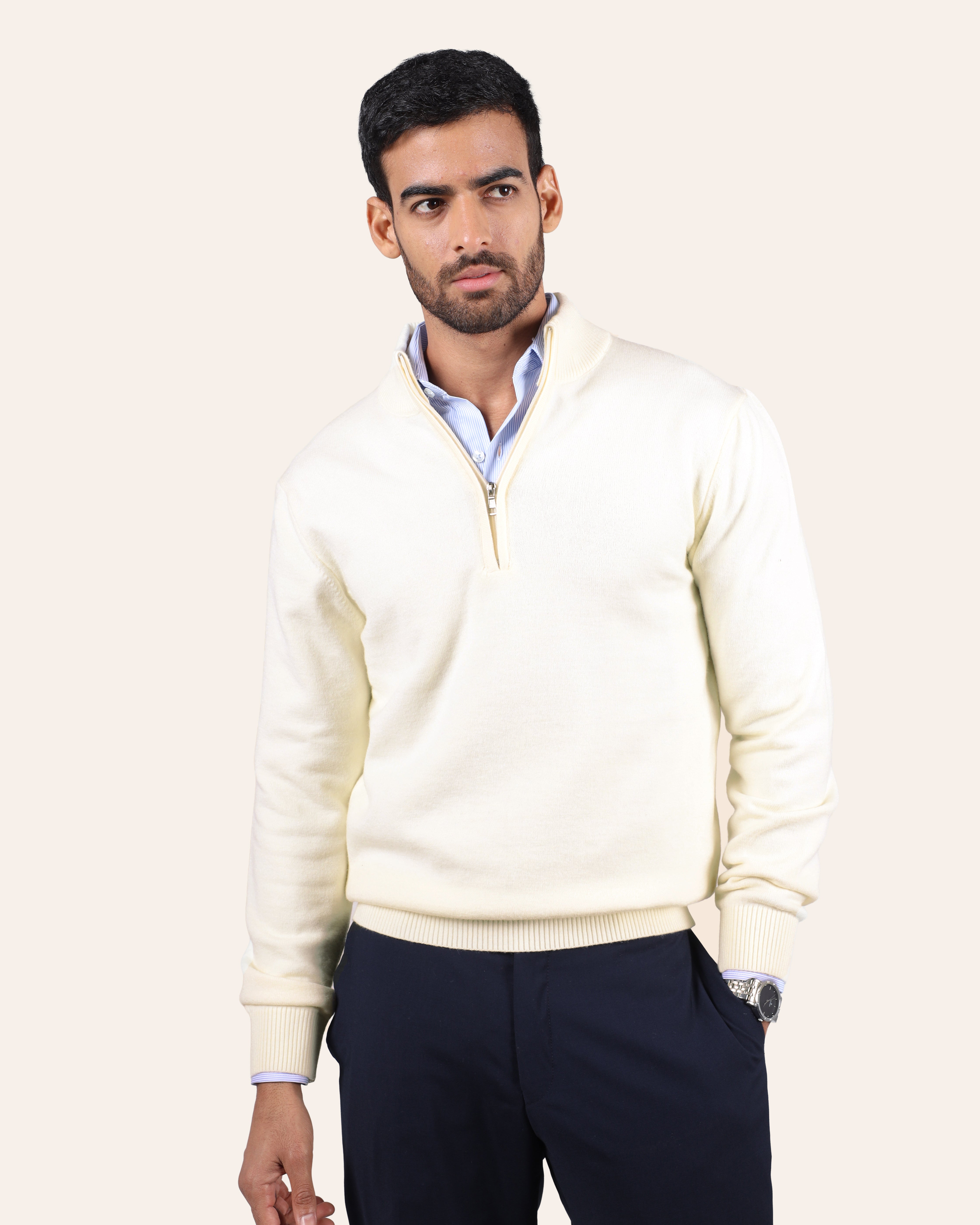 Off White Wool Knitted Quarter-Zip