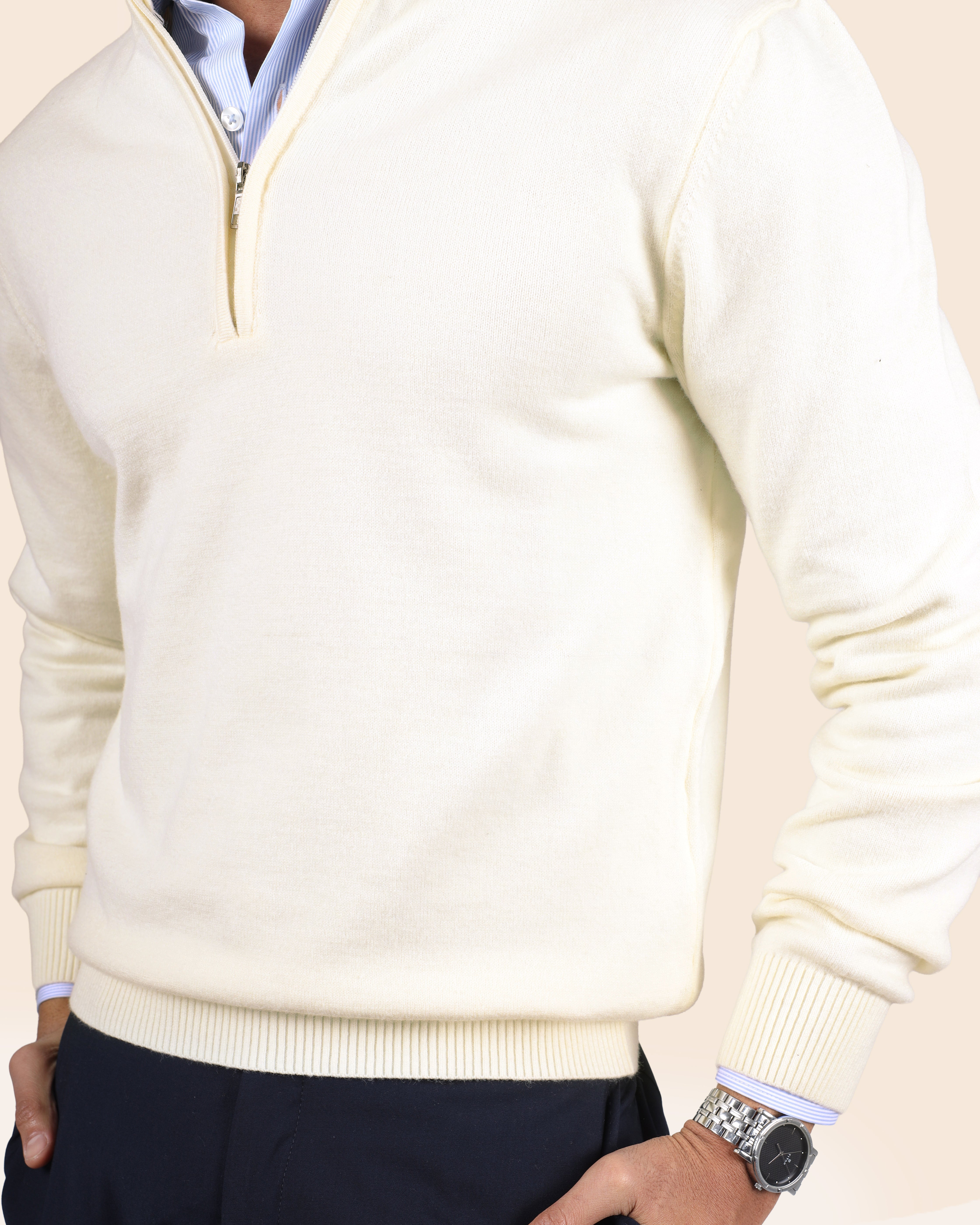 Off White Wool Knitted Quarter-Zip