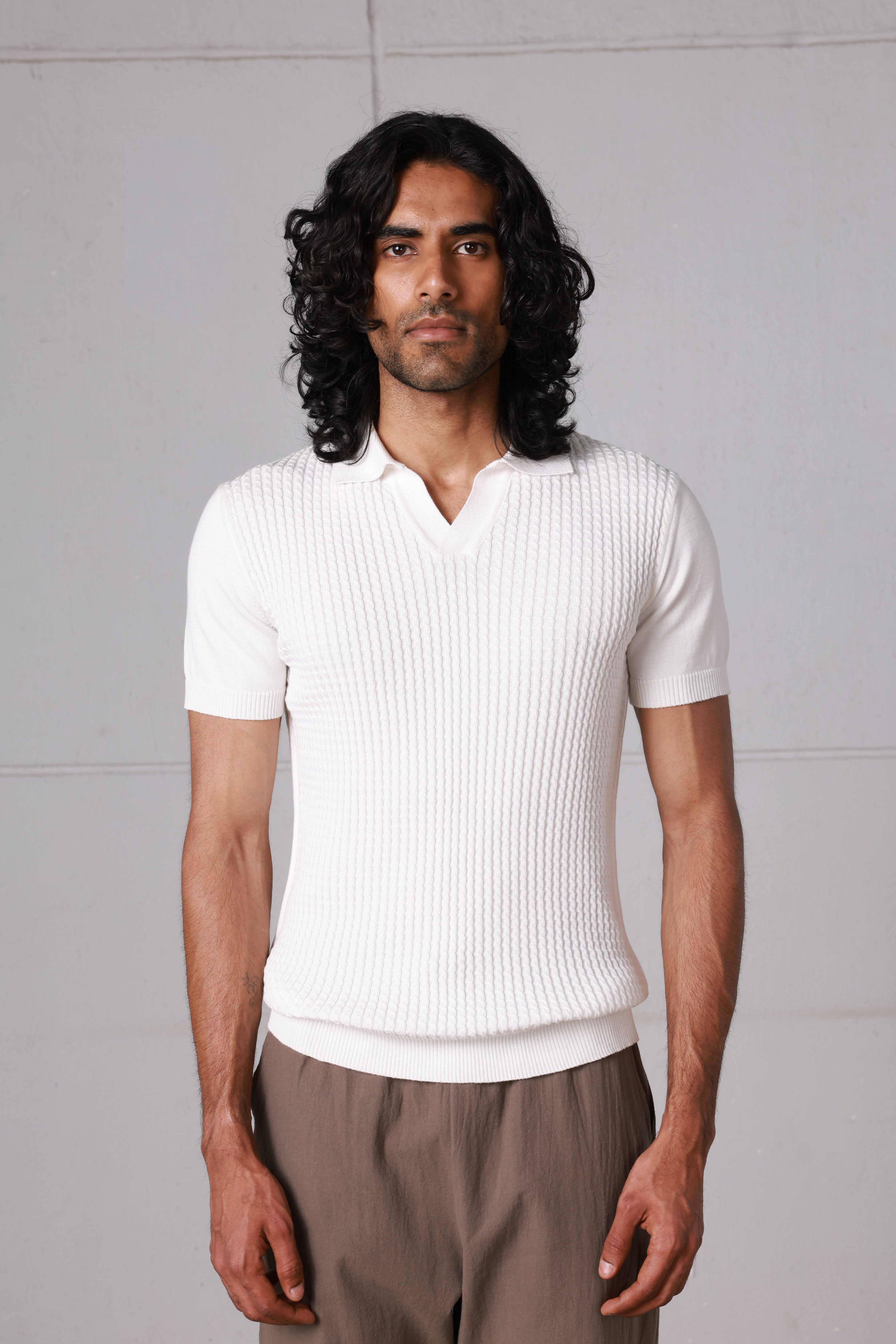 White Braided Knitted Polo
