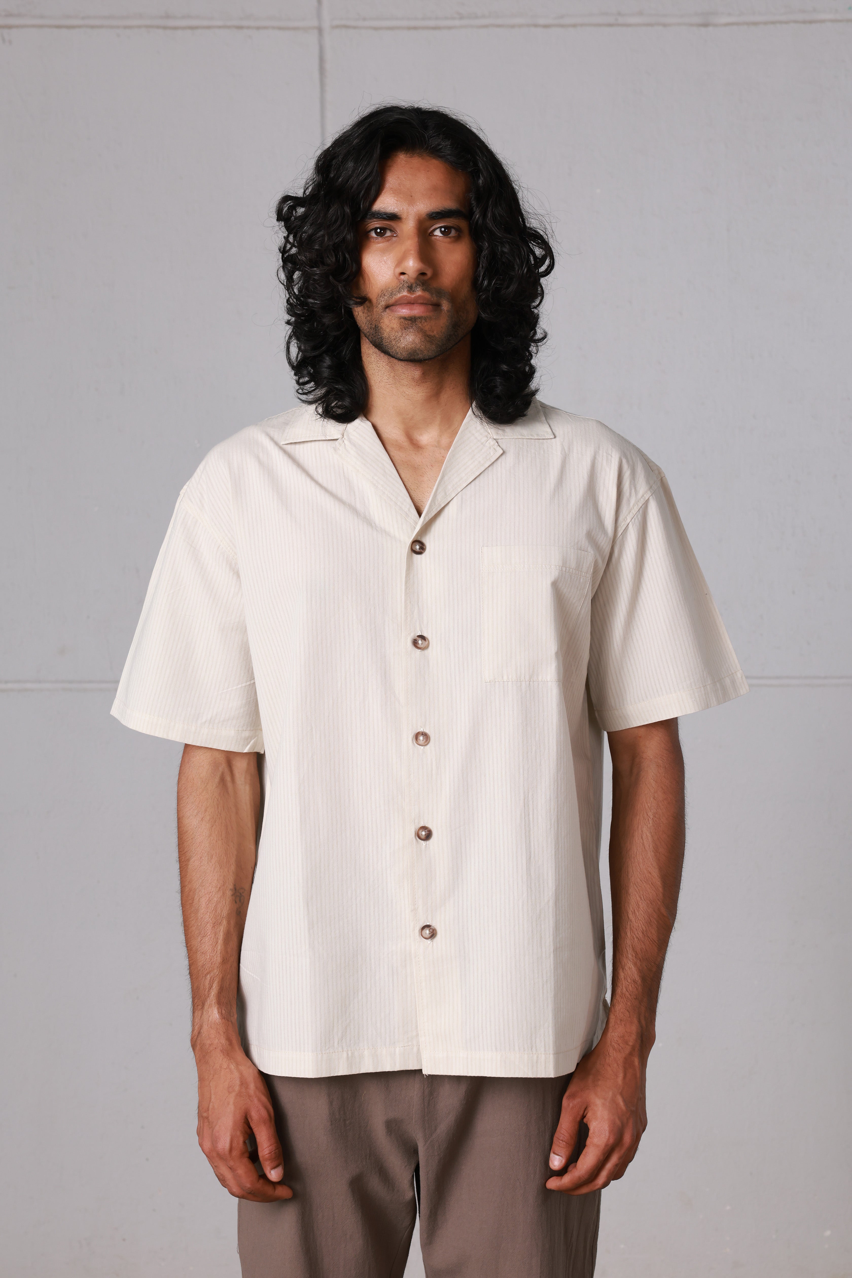 Beige Striped Flowing Shirt