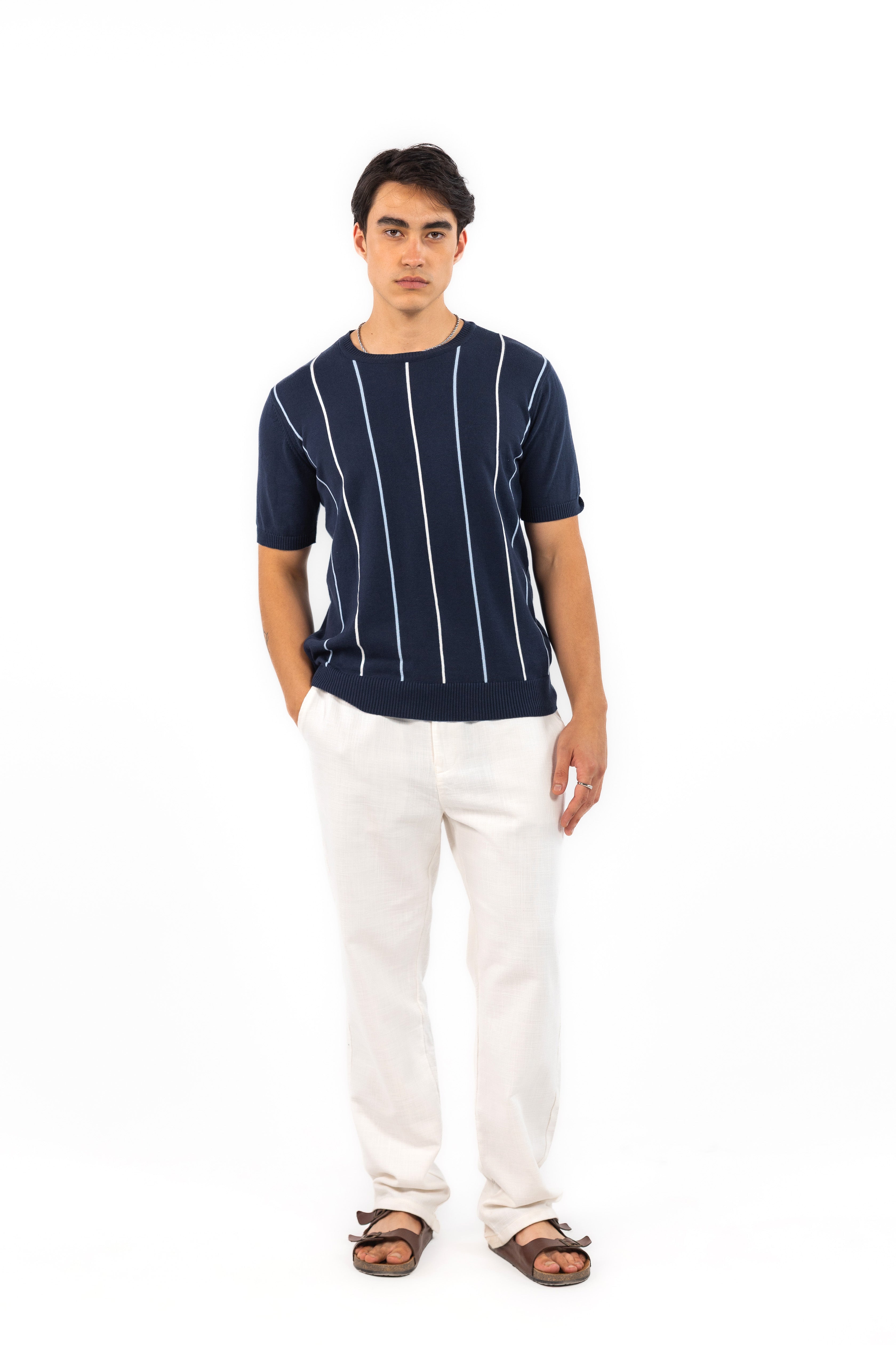 Navy Fine Striped Knit T-Shirt