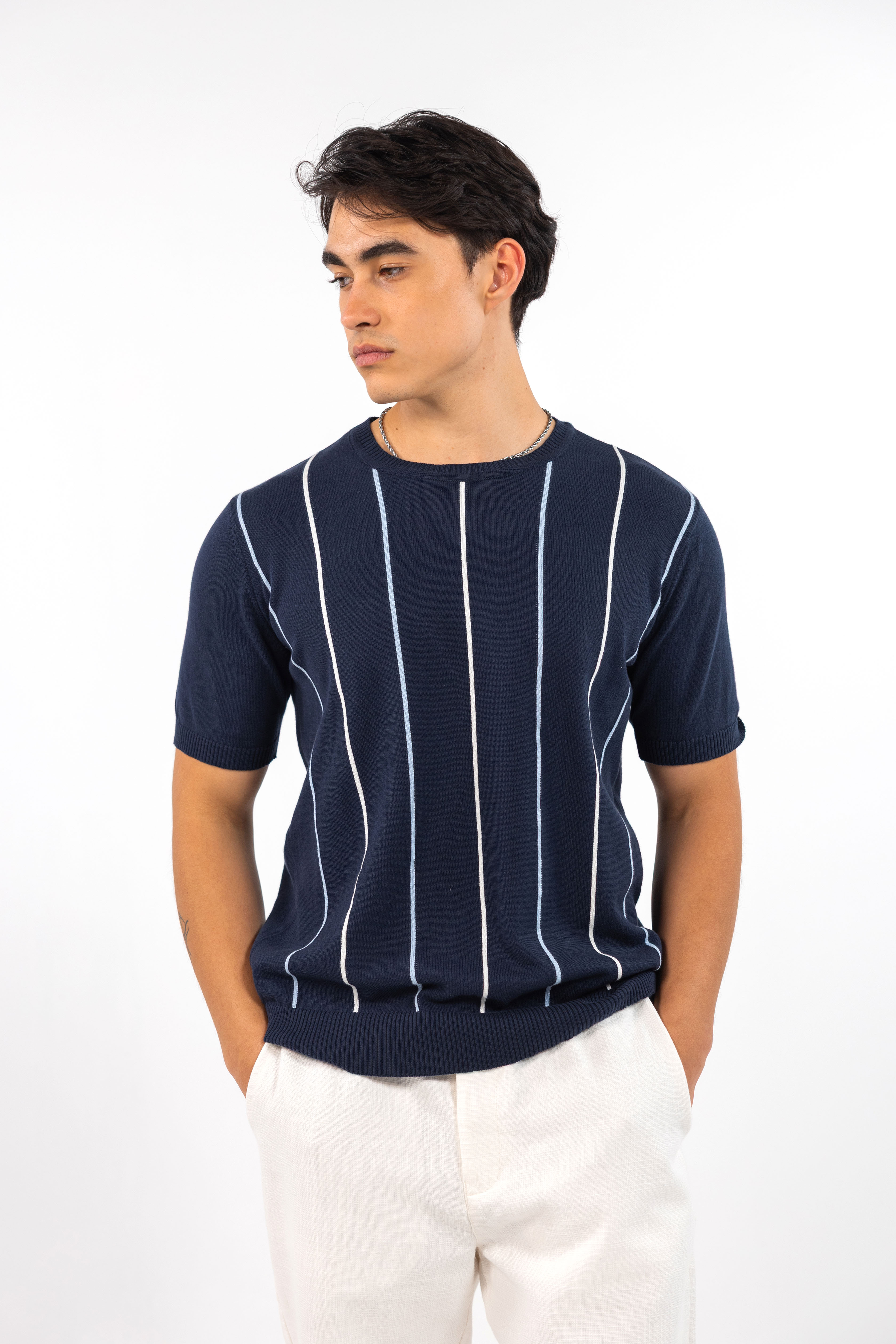 Navy Fine Striped Knit T-Shirt