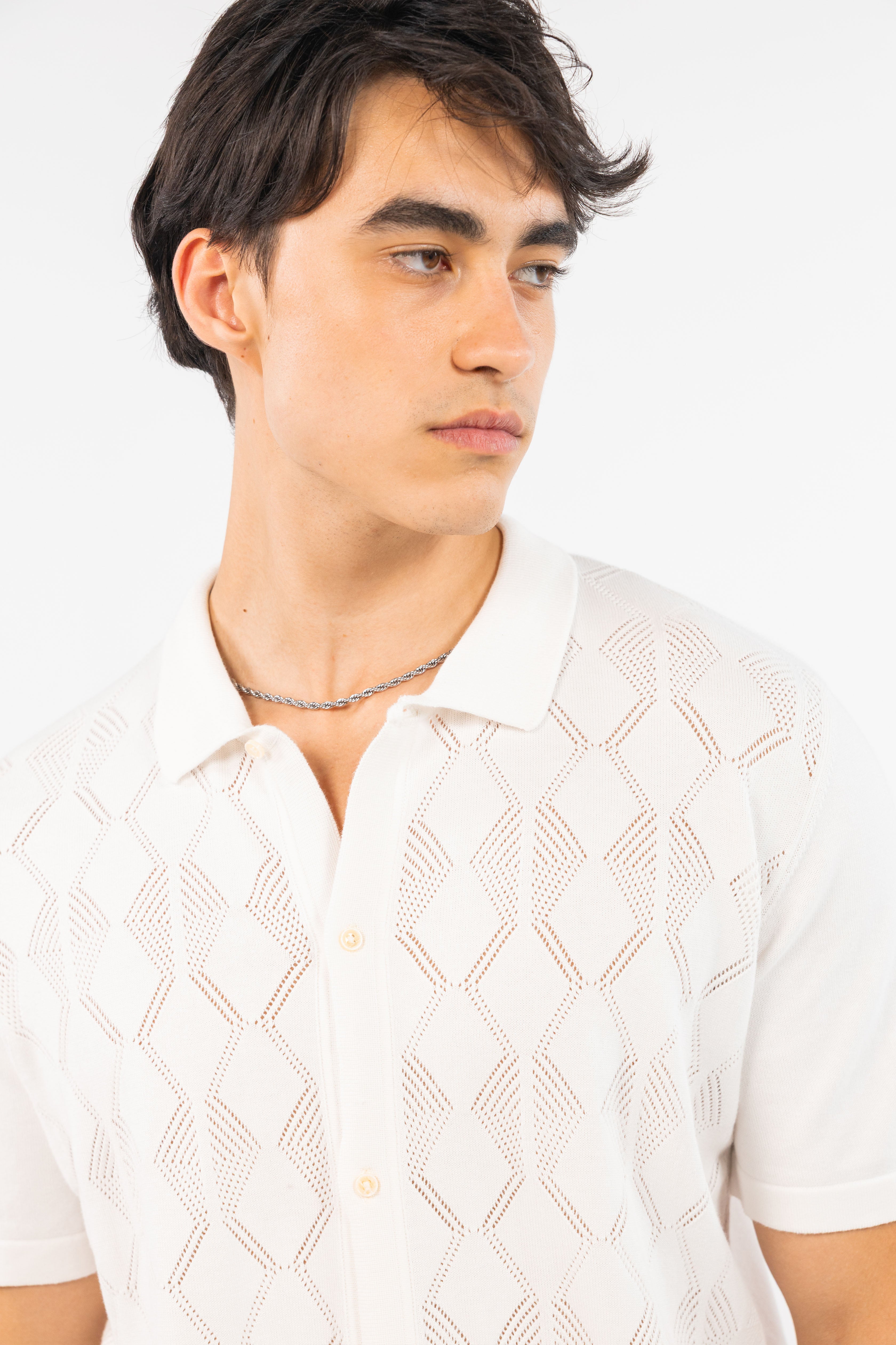 Off White Textured Knitted Shirt