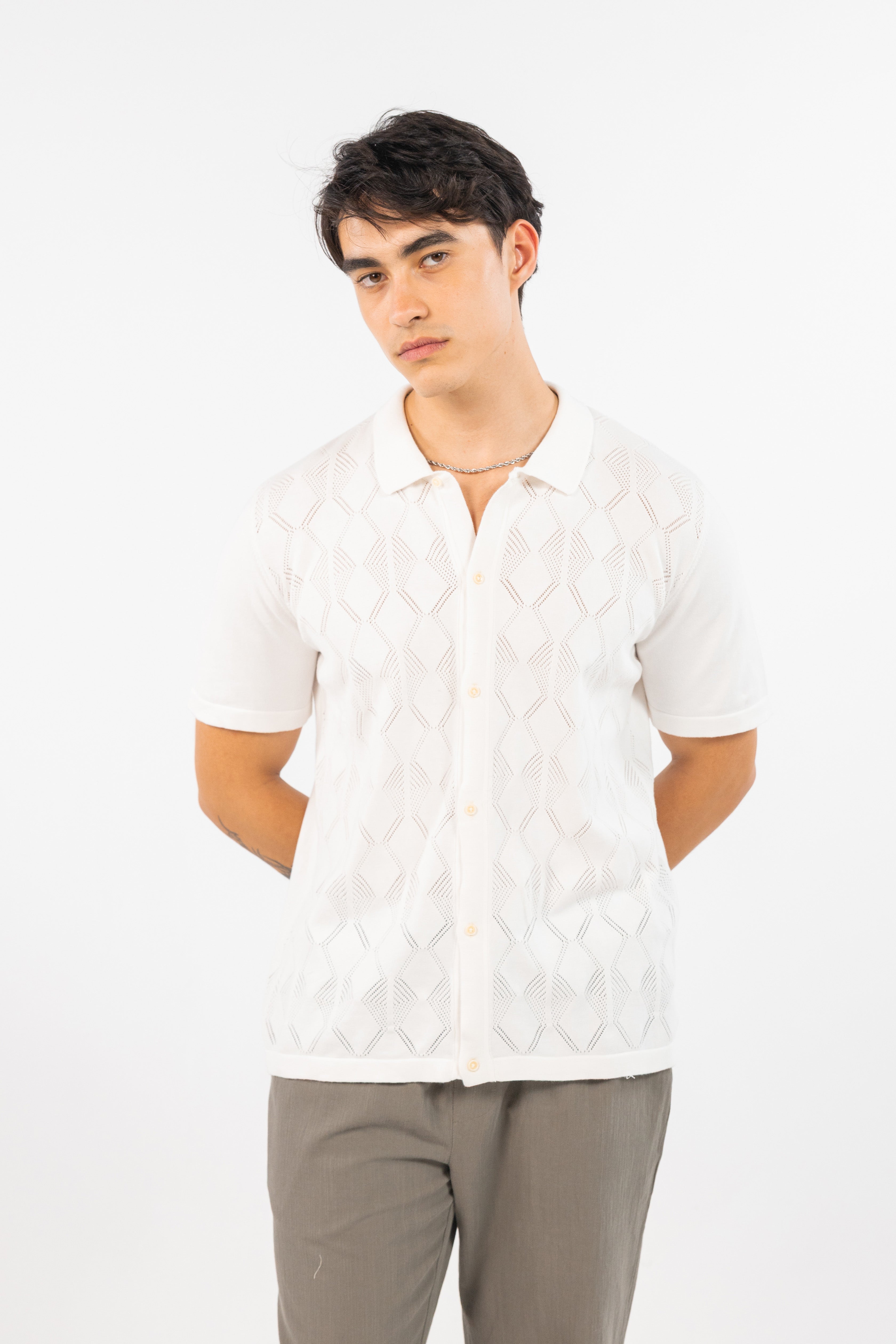 Off White Textured Knitted Shirt