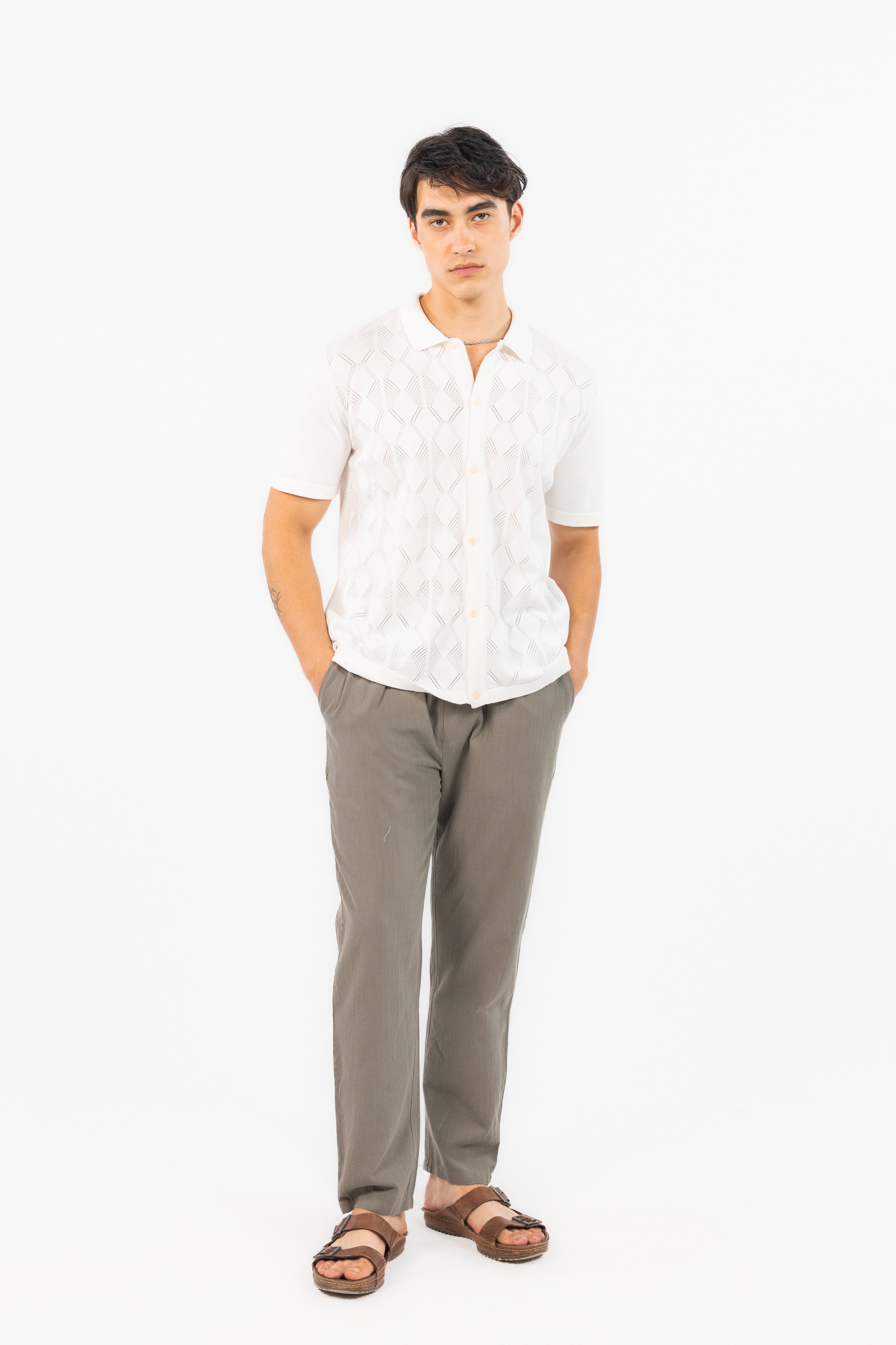 Off White Textured Knitted Shirt