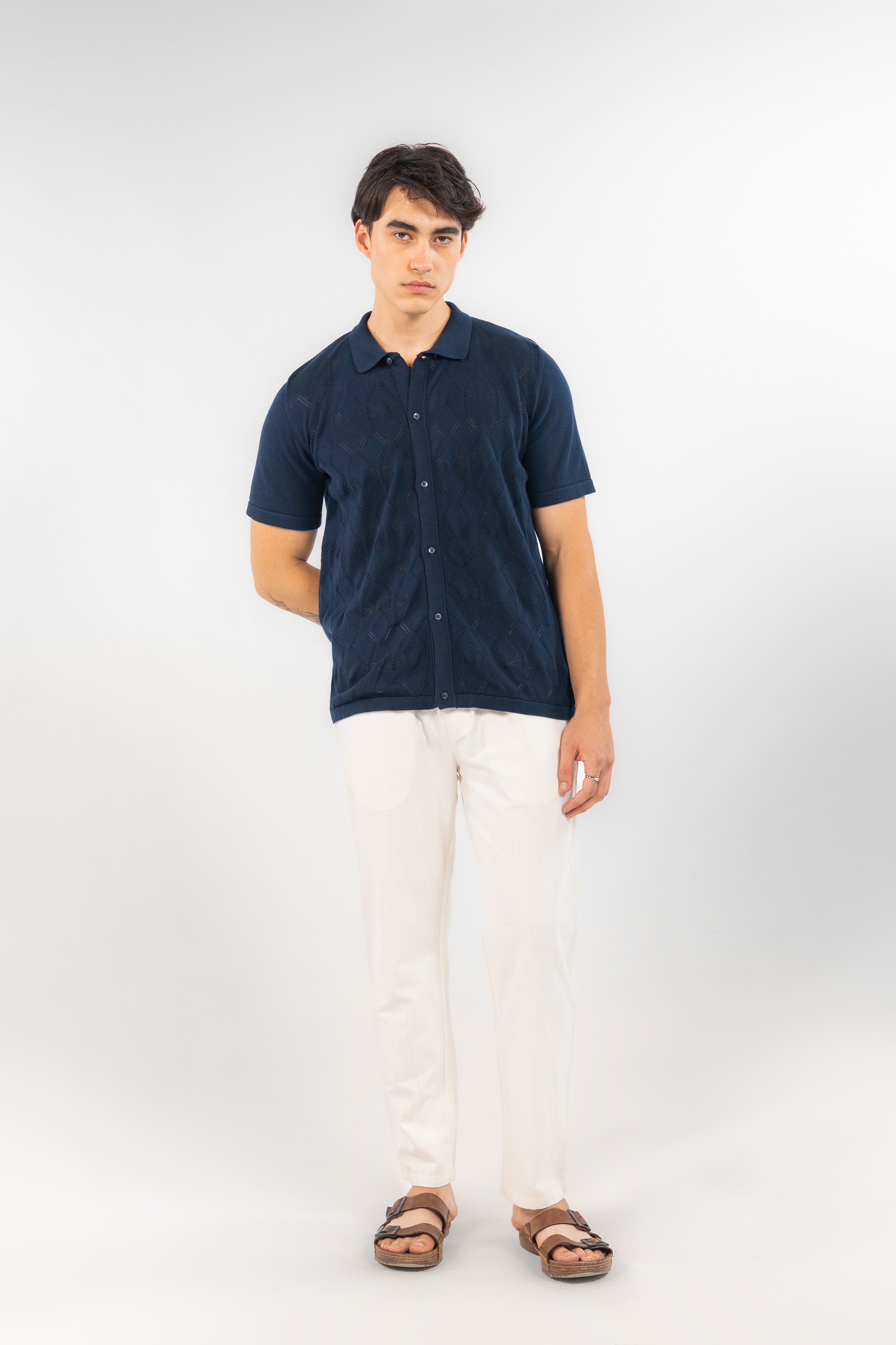 Navy Textured Knitted Shirt