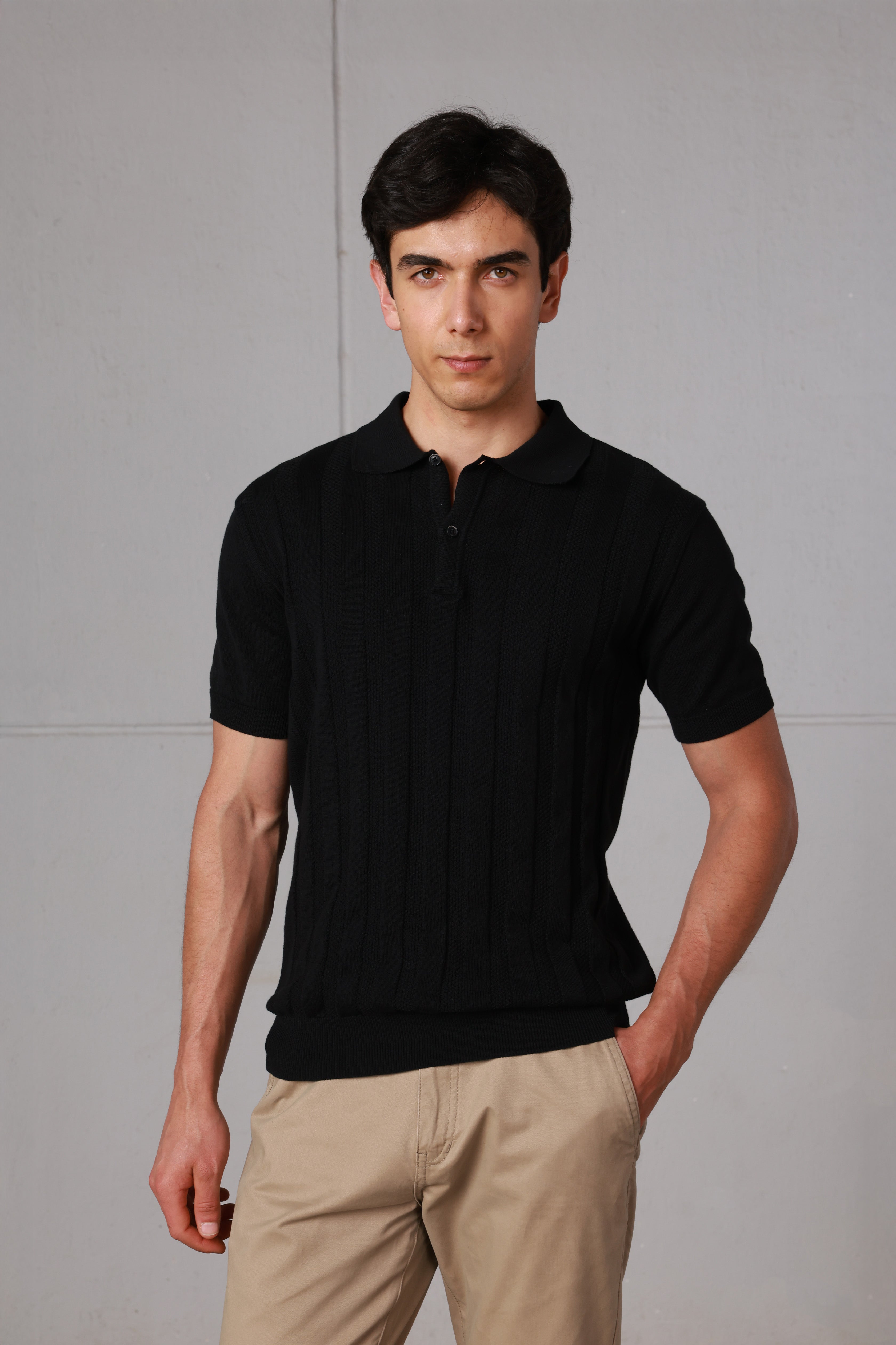 Black Ribbed Knitted Polo