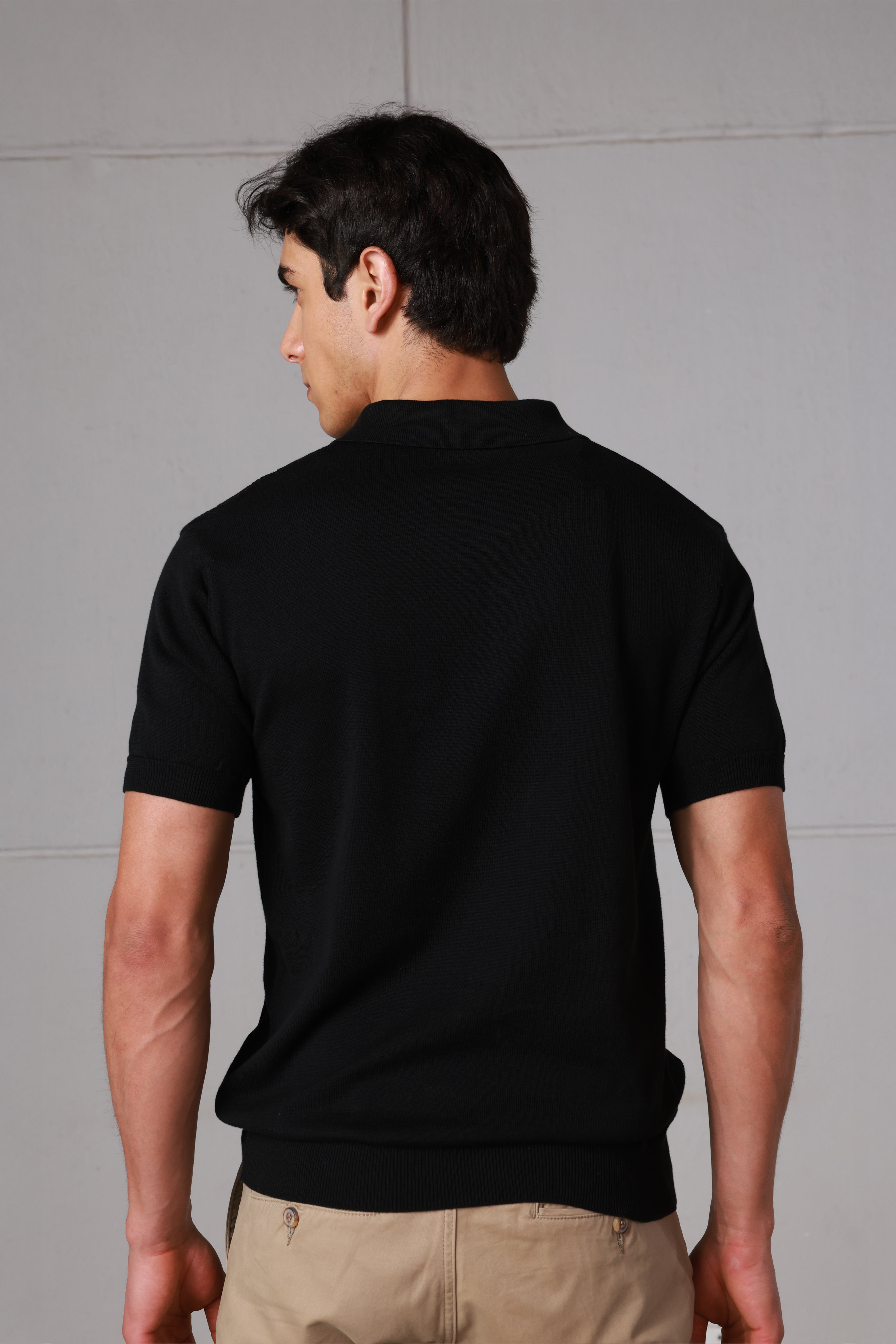Black Ribbed Knitted Polo