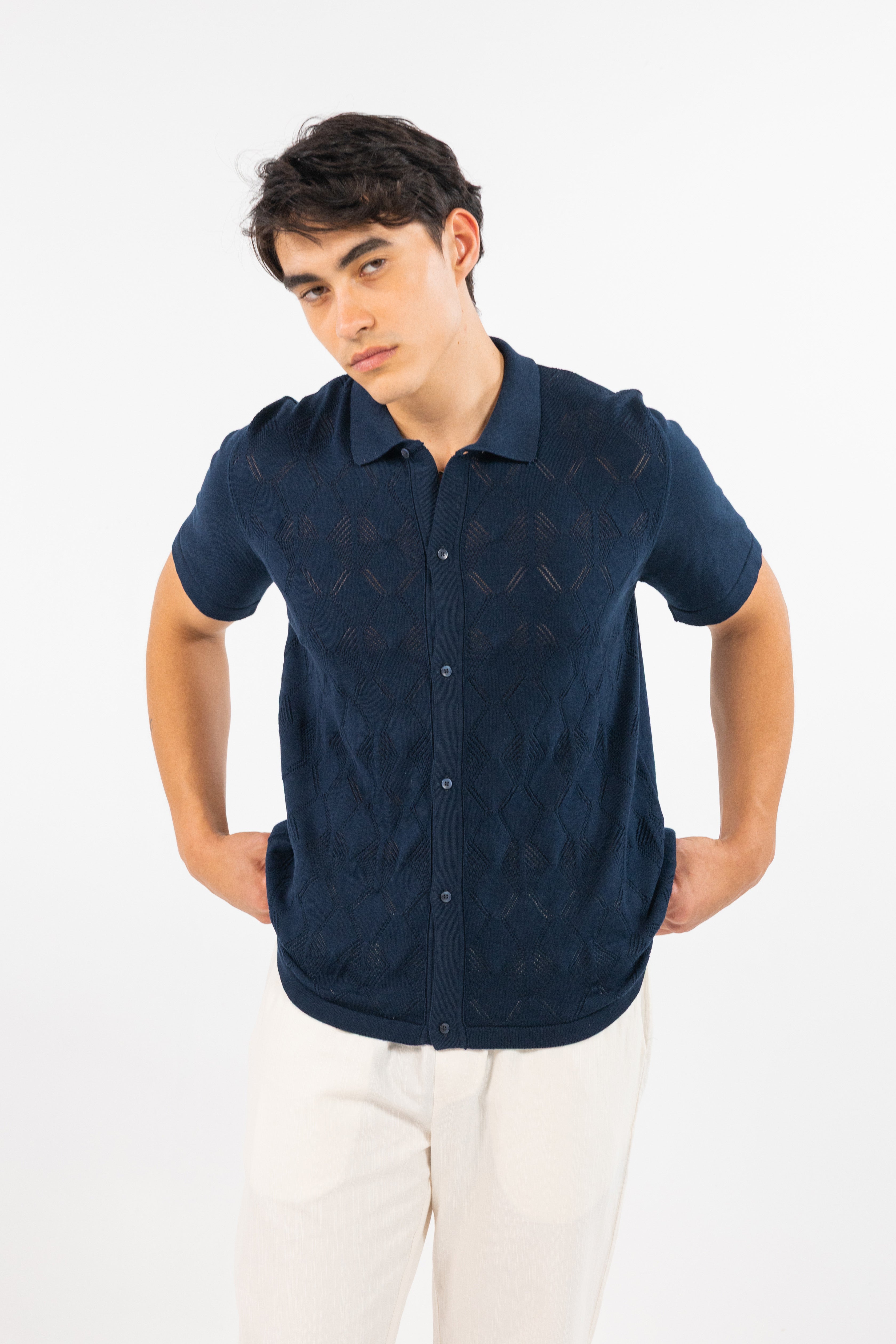 Navy Textured Knitted Shirt