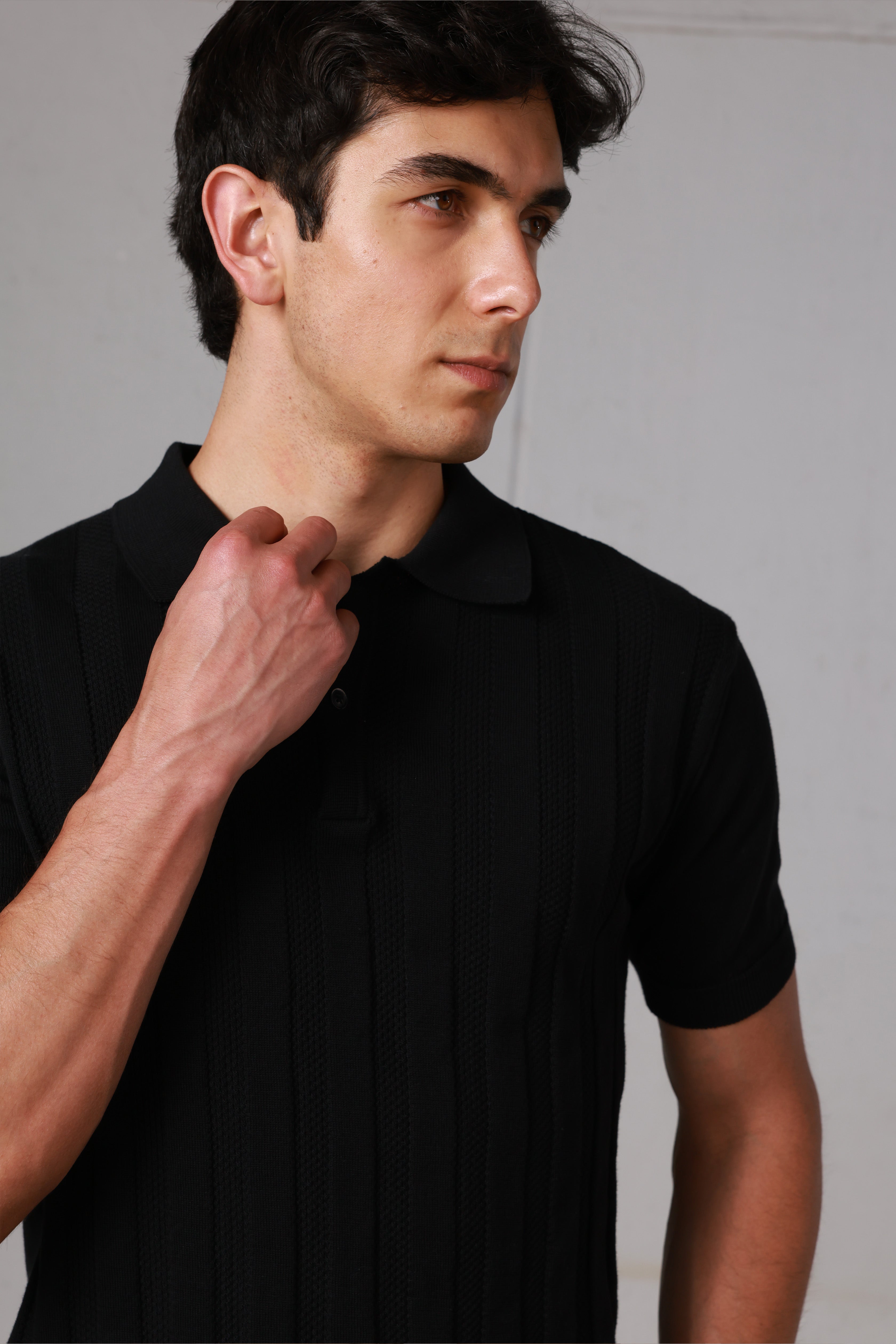 Black Ribbed Knitted Polo