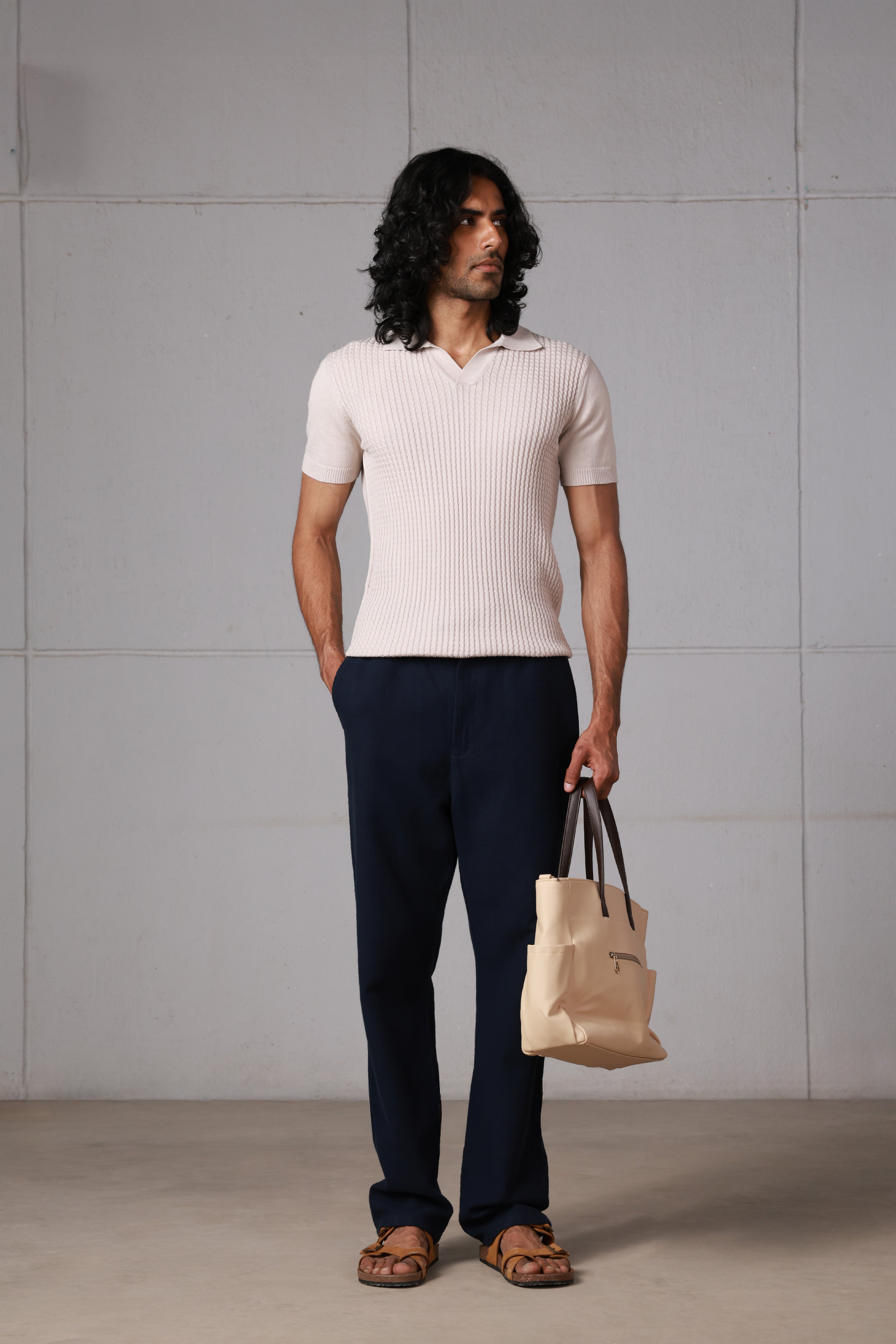 Beige Braided Knitted Polo