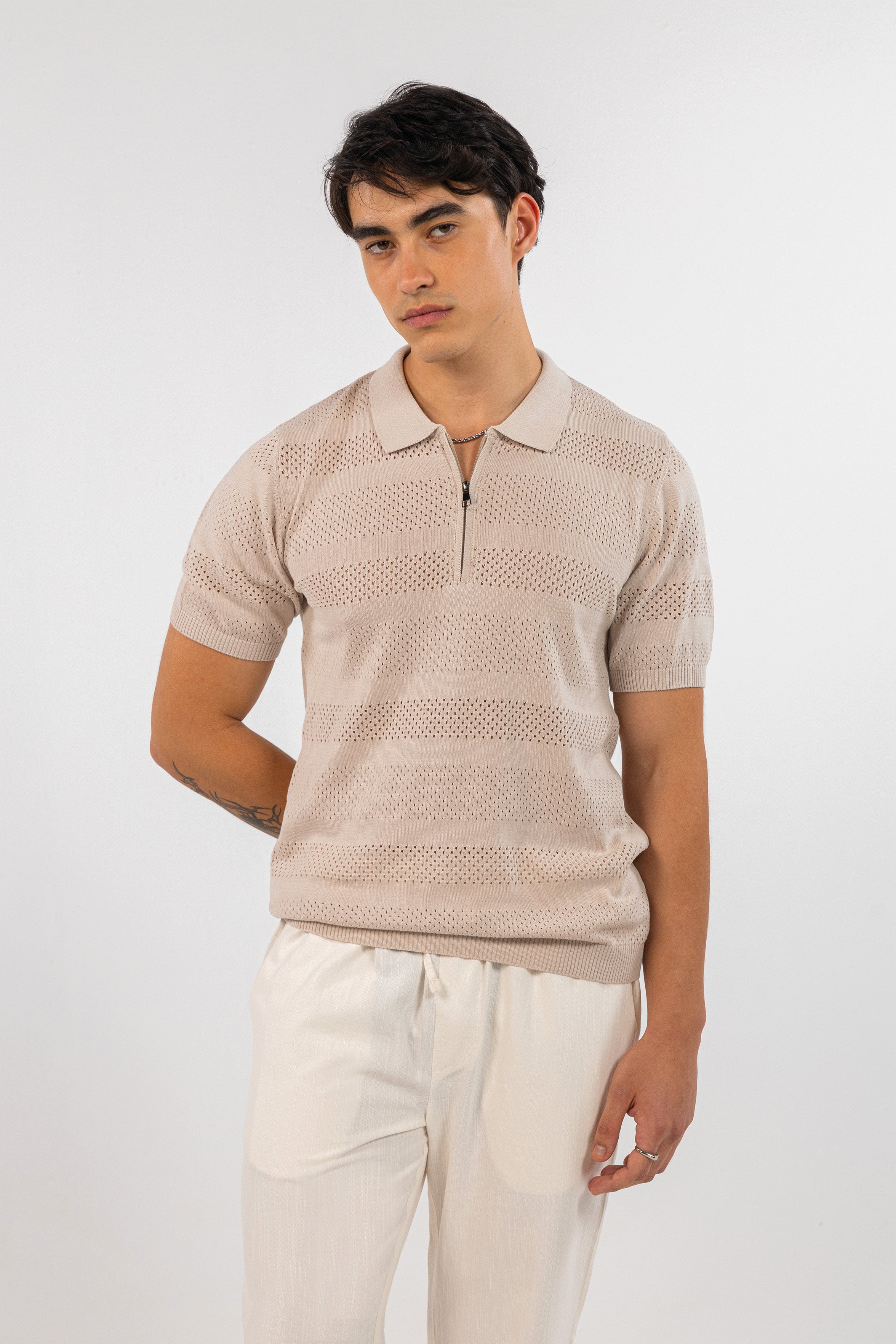 Beige Cutwork Knitted Zipped Polo