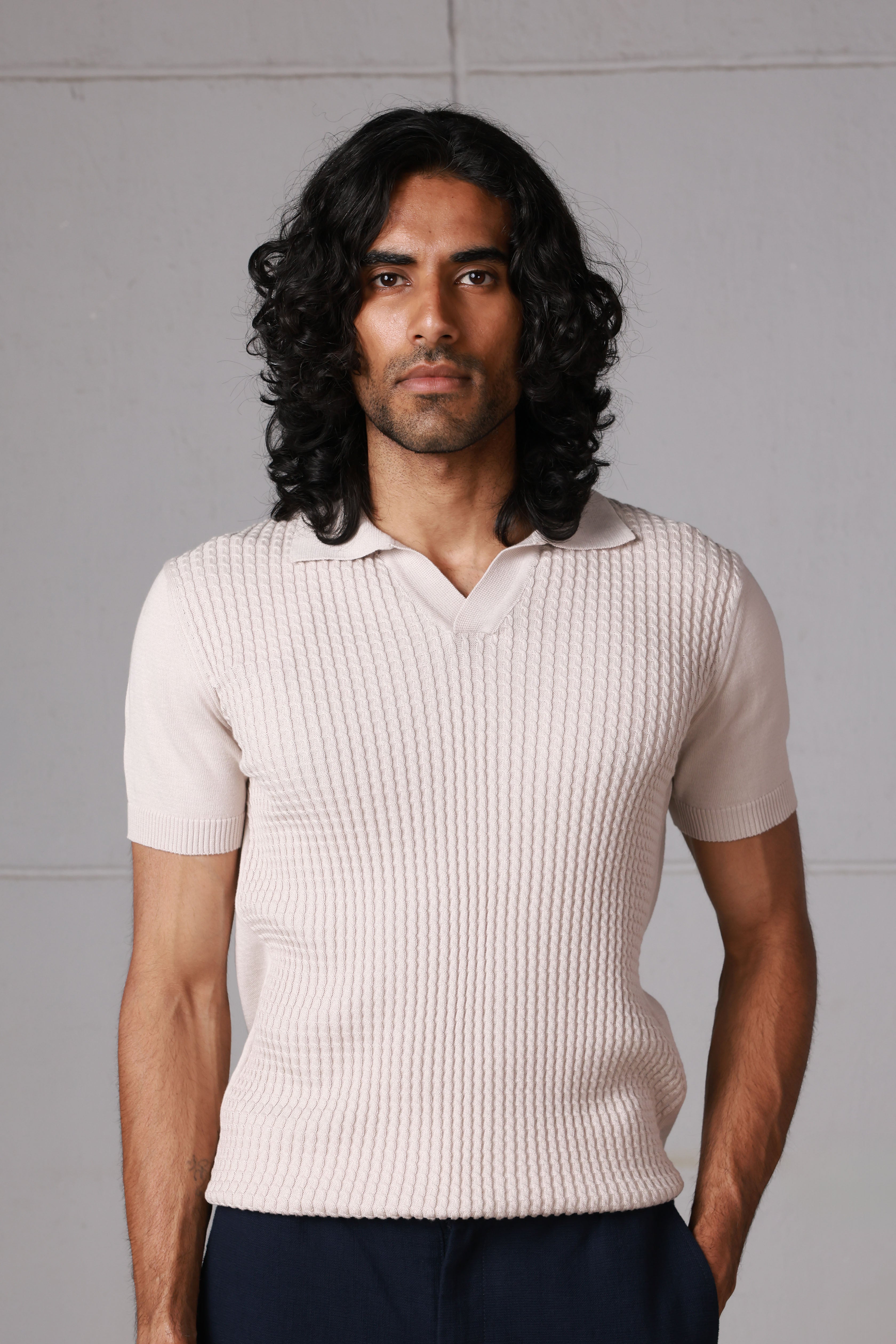 Beige Braided Knitted Polo