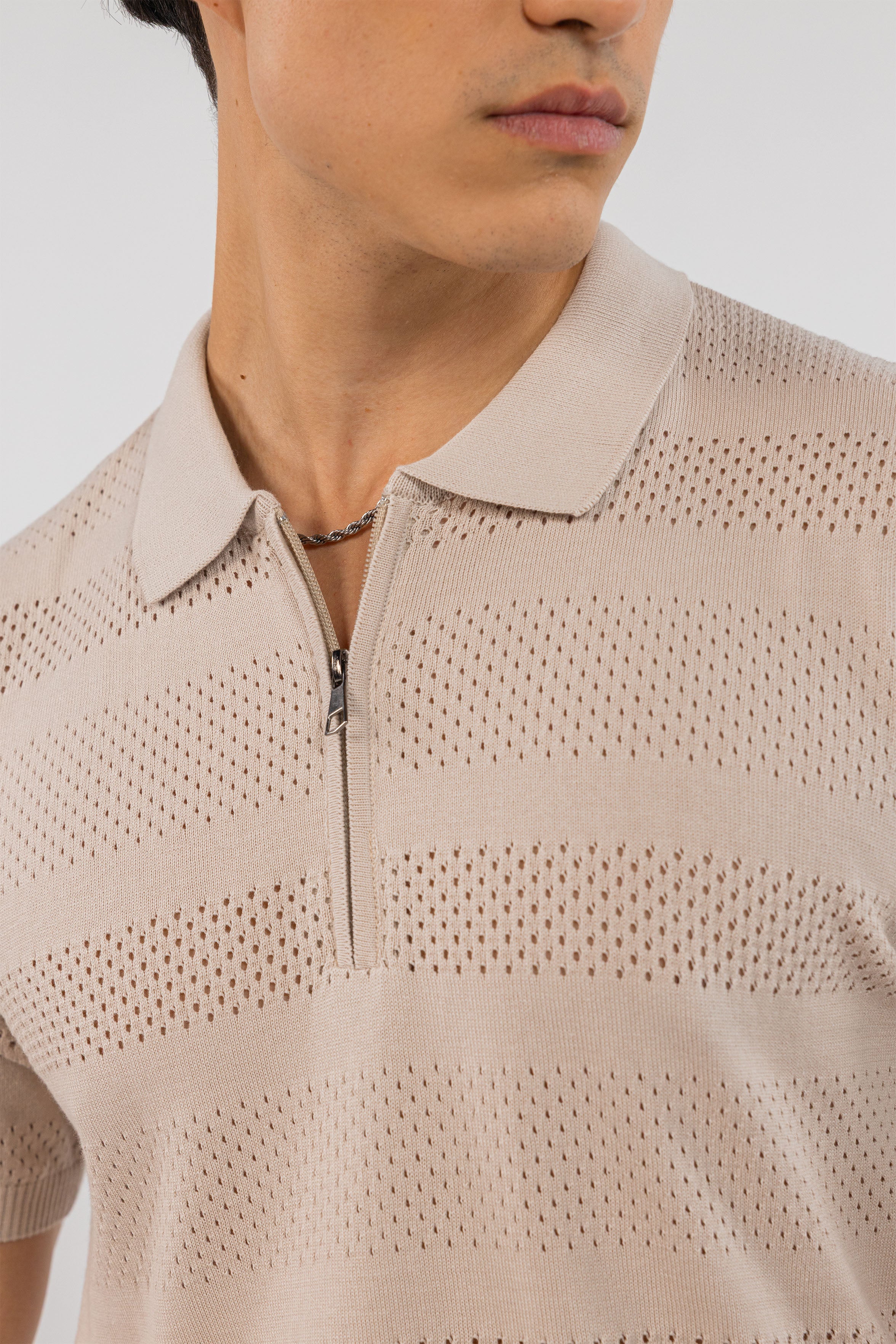 Beige Cutwork Knitted Zipped Polo