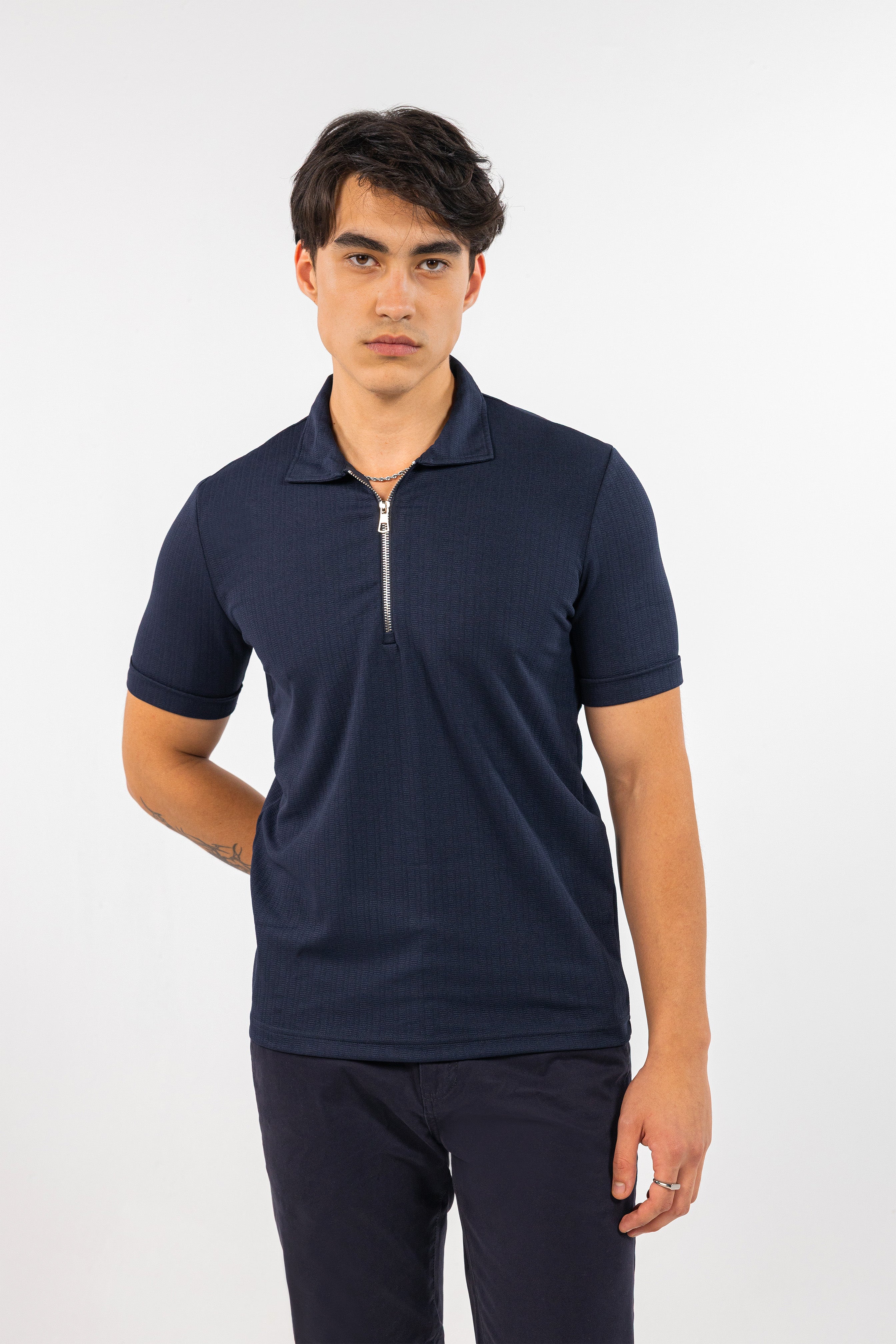 Navy Technical Zip-Up Polo Shirt