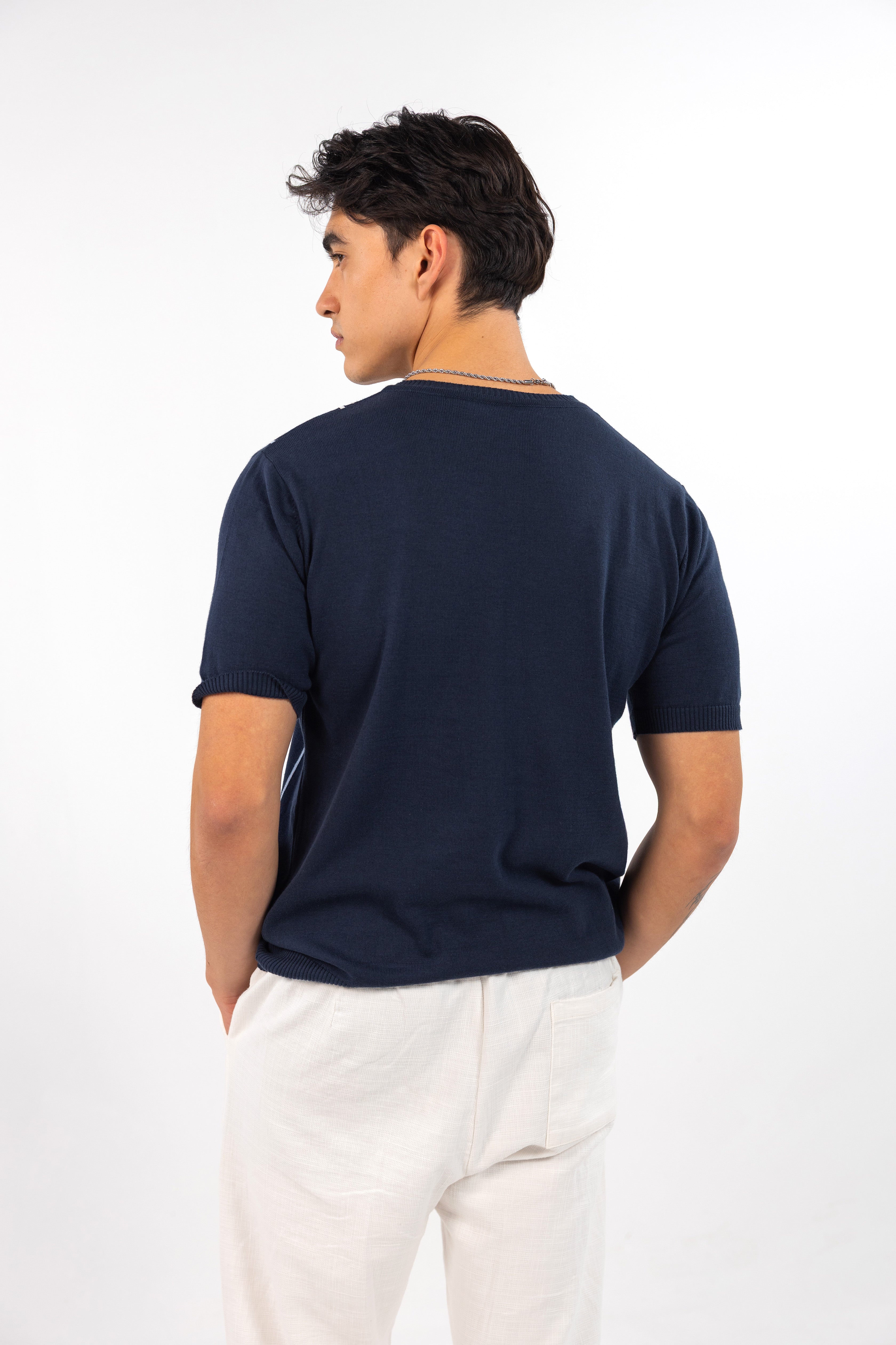 Navy Fine Striped Knit T-Shirt