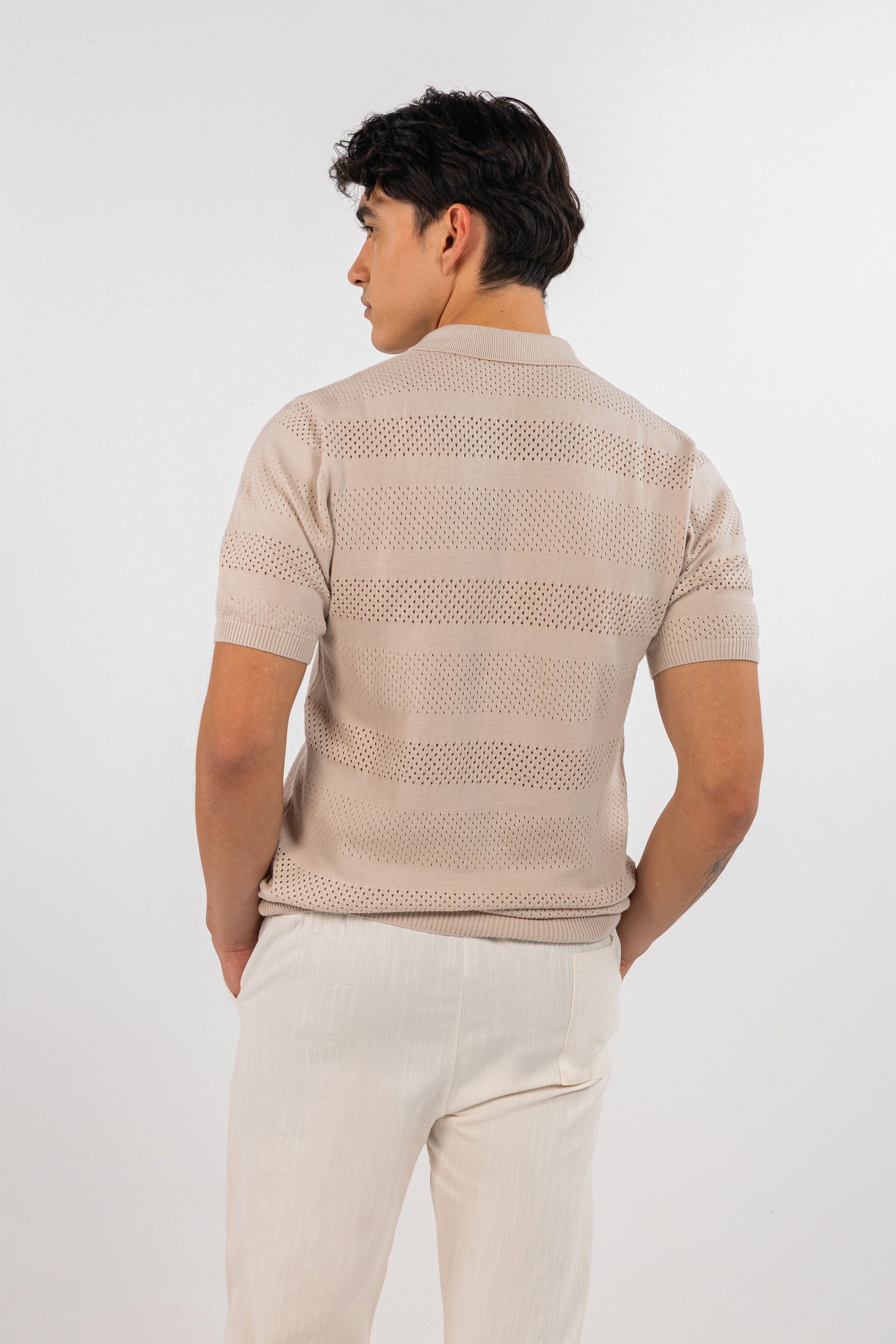 Beige Cutwork Knitted Zipped Polo