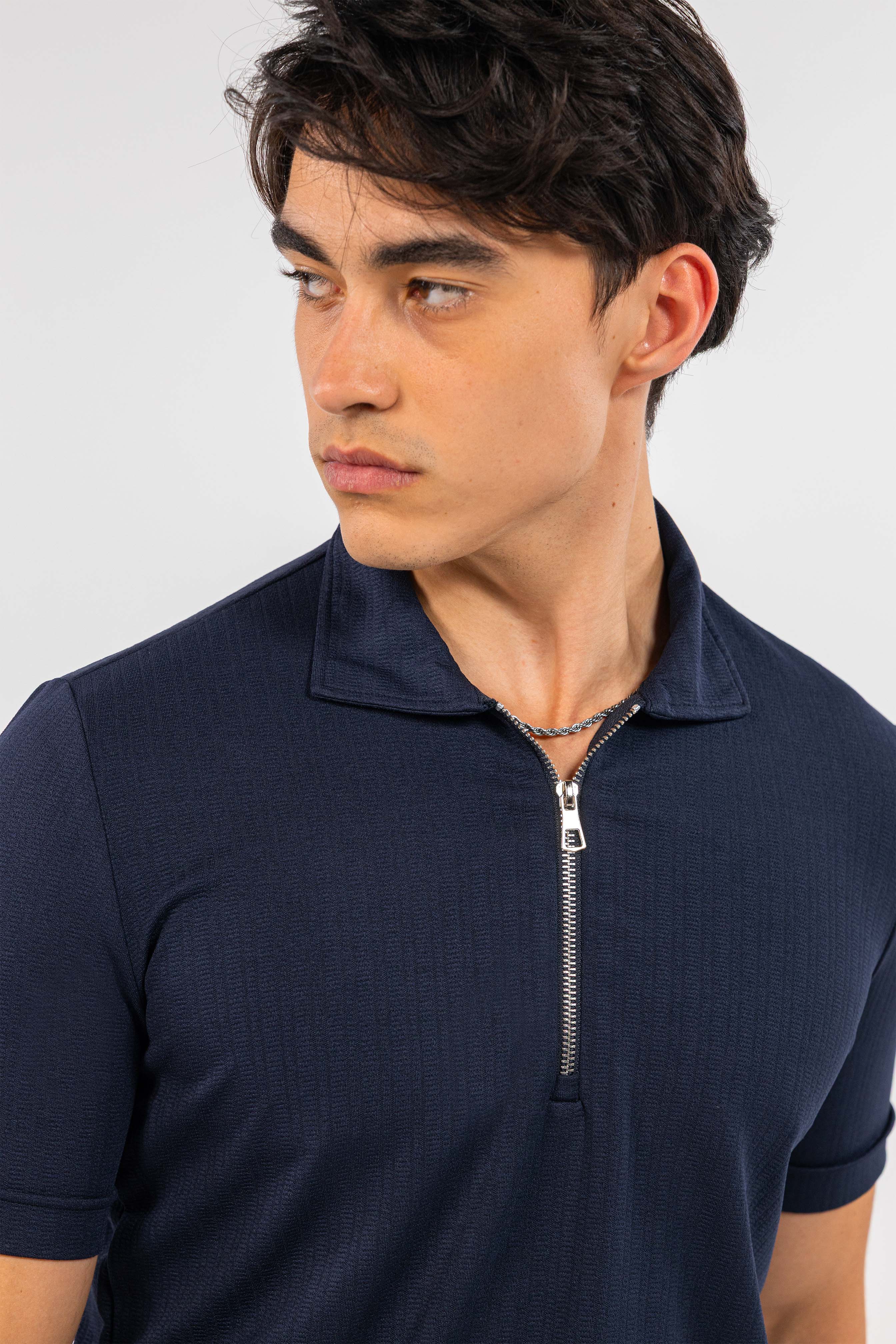 Navy Technical Zip-Up Polo Shirt