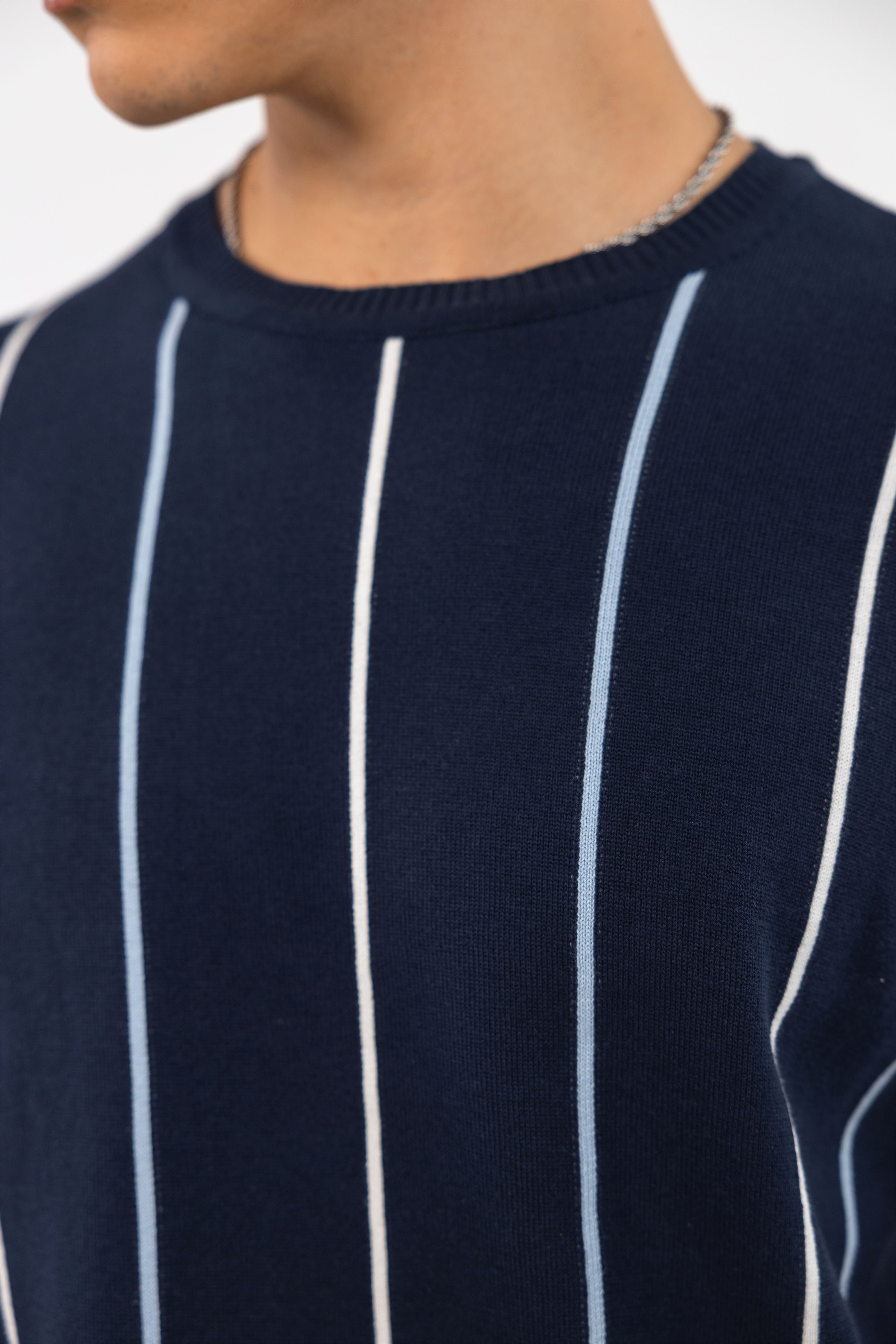 Navy Fine Striped Knit T-Shirt