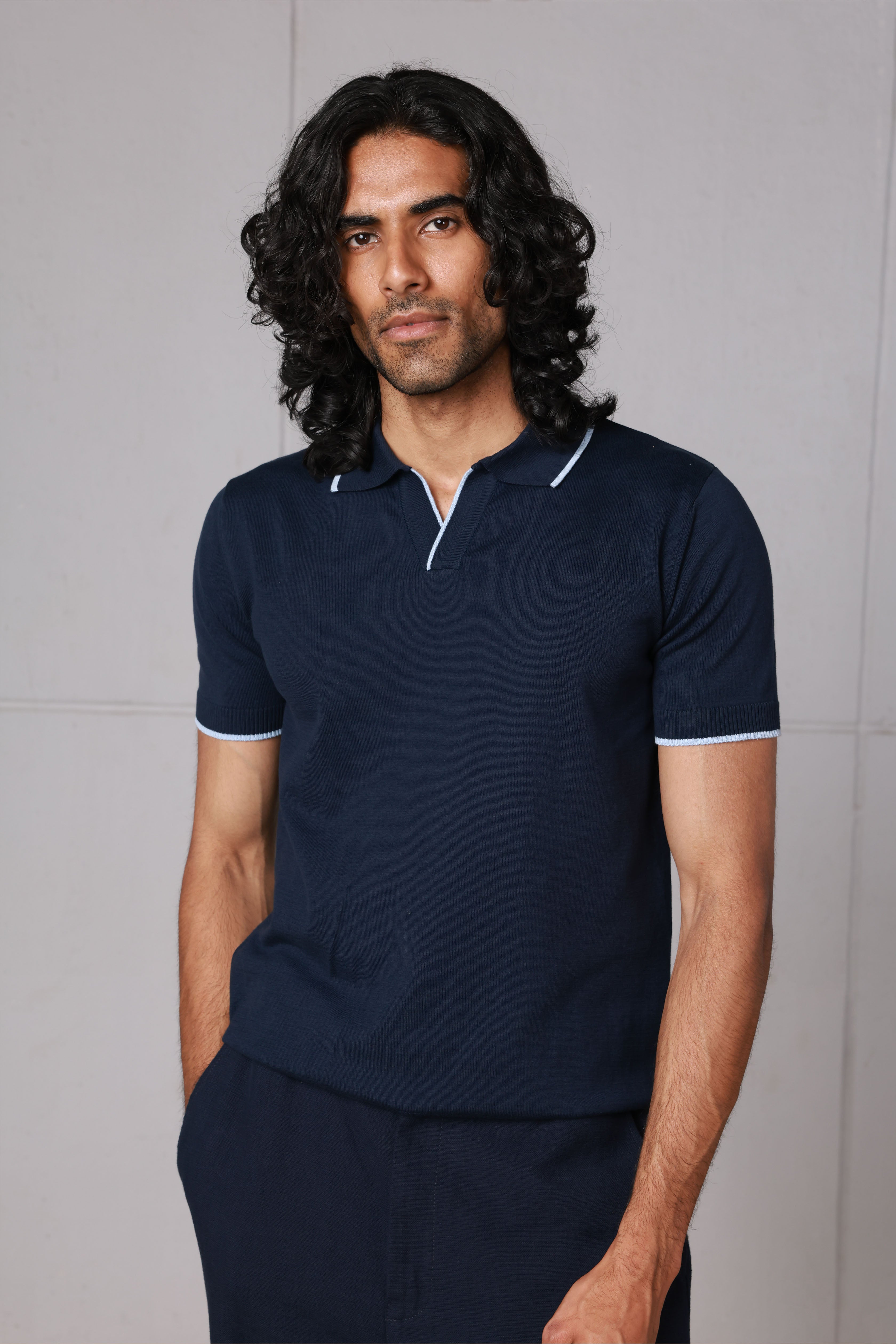 Navy V-Neck Knitted Polo