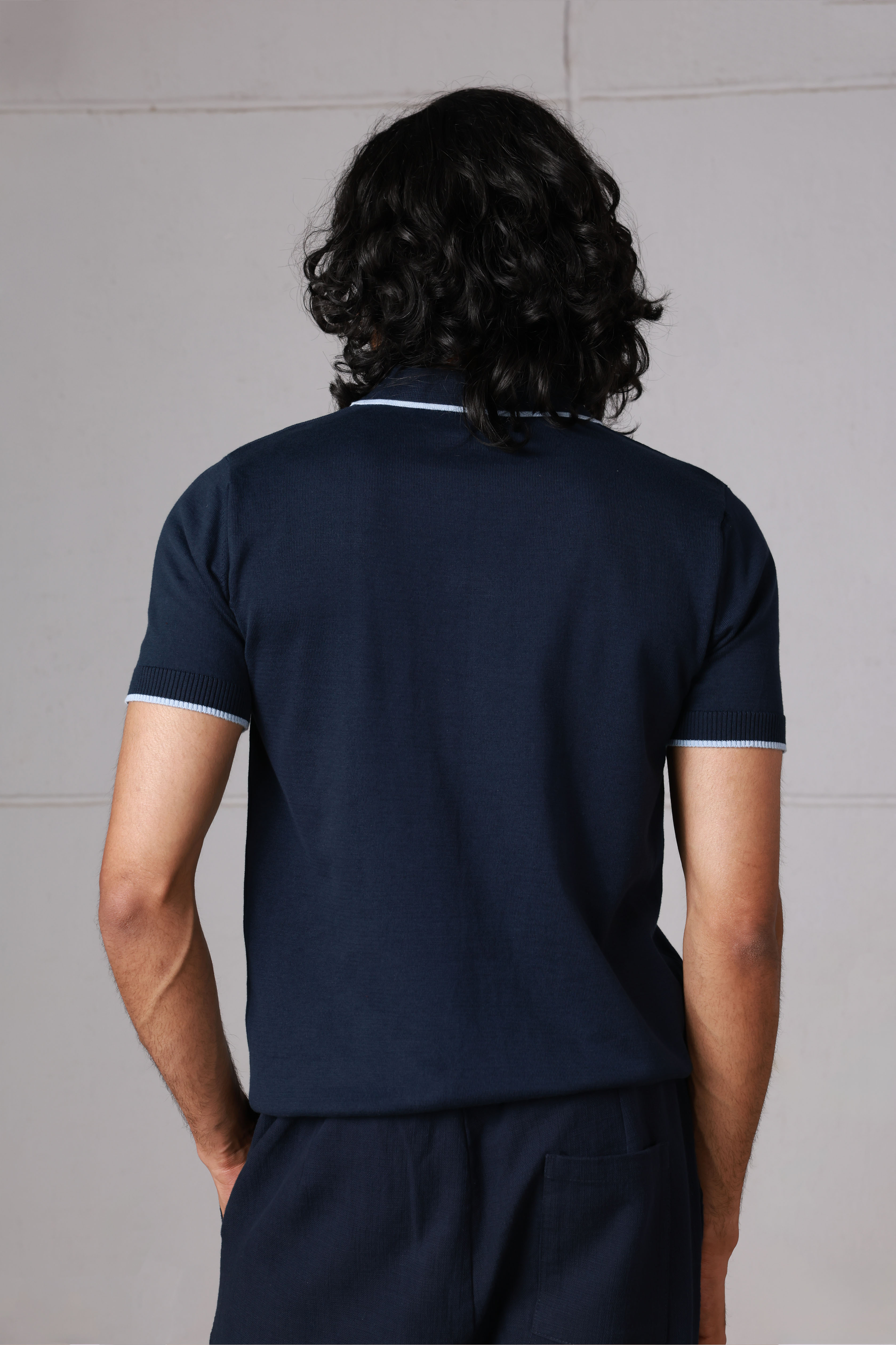 Navy V-Neck Knitted Polo