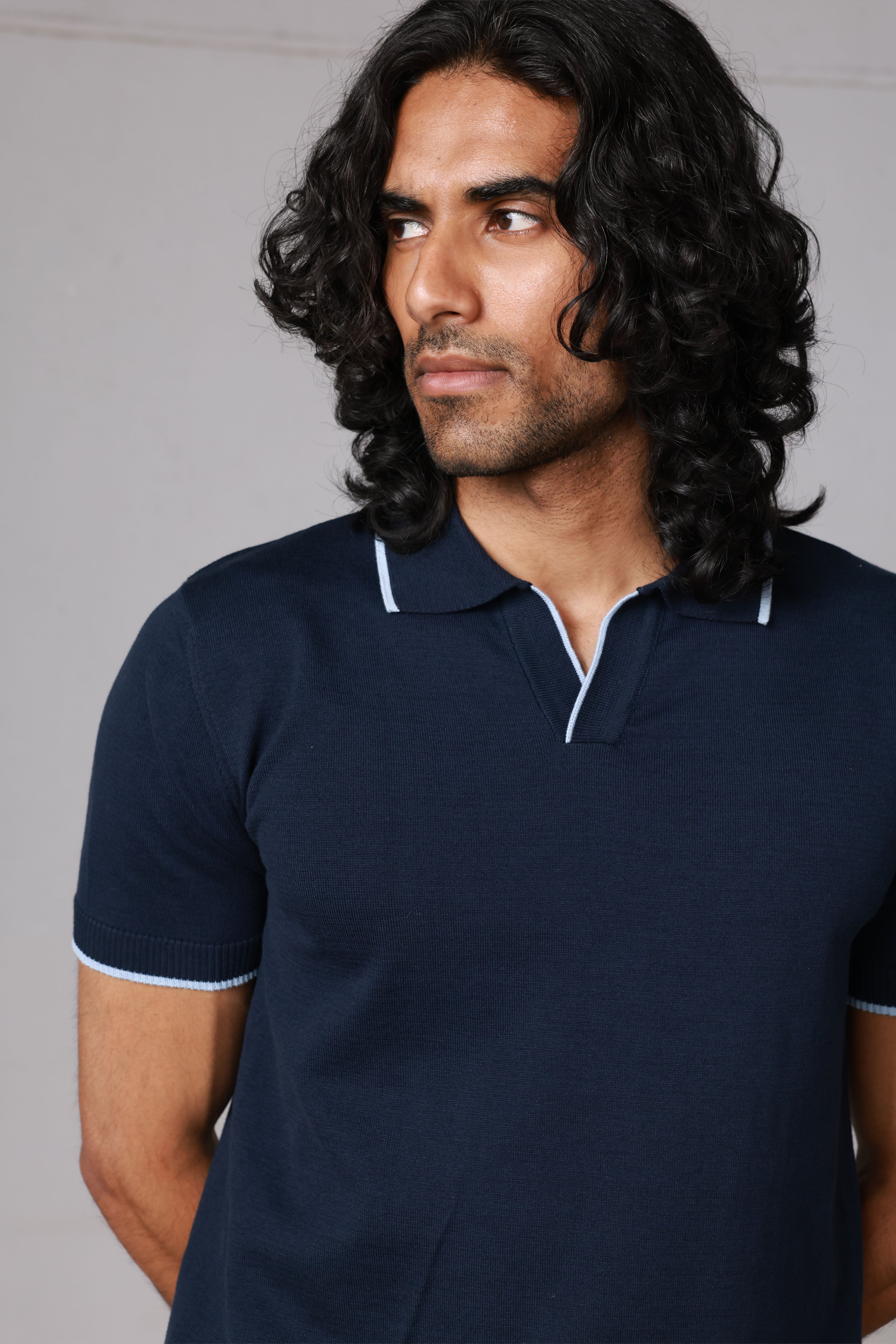 Navy V-Neck Knitted Polo