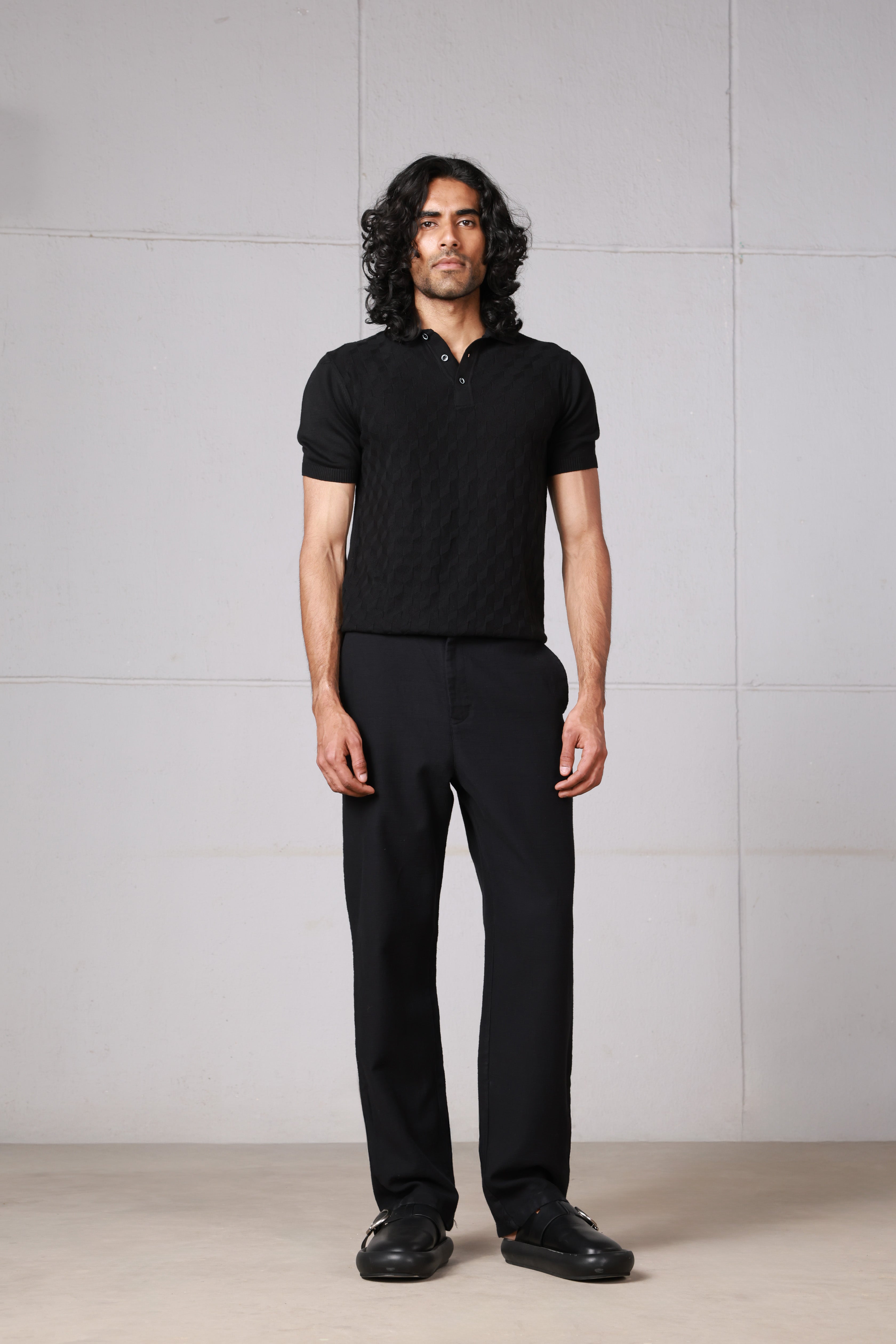 Black Textured Knitted Polo