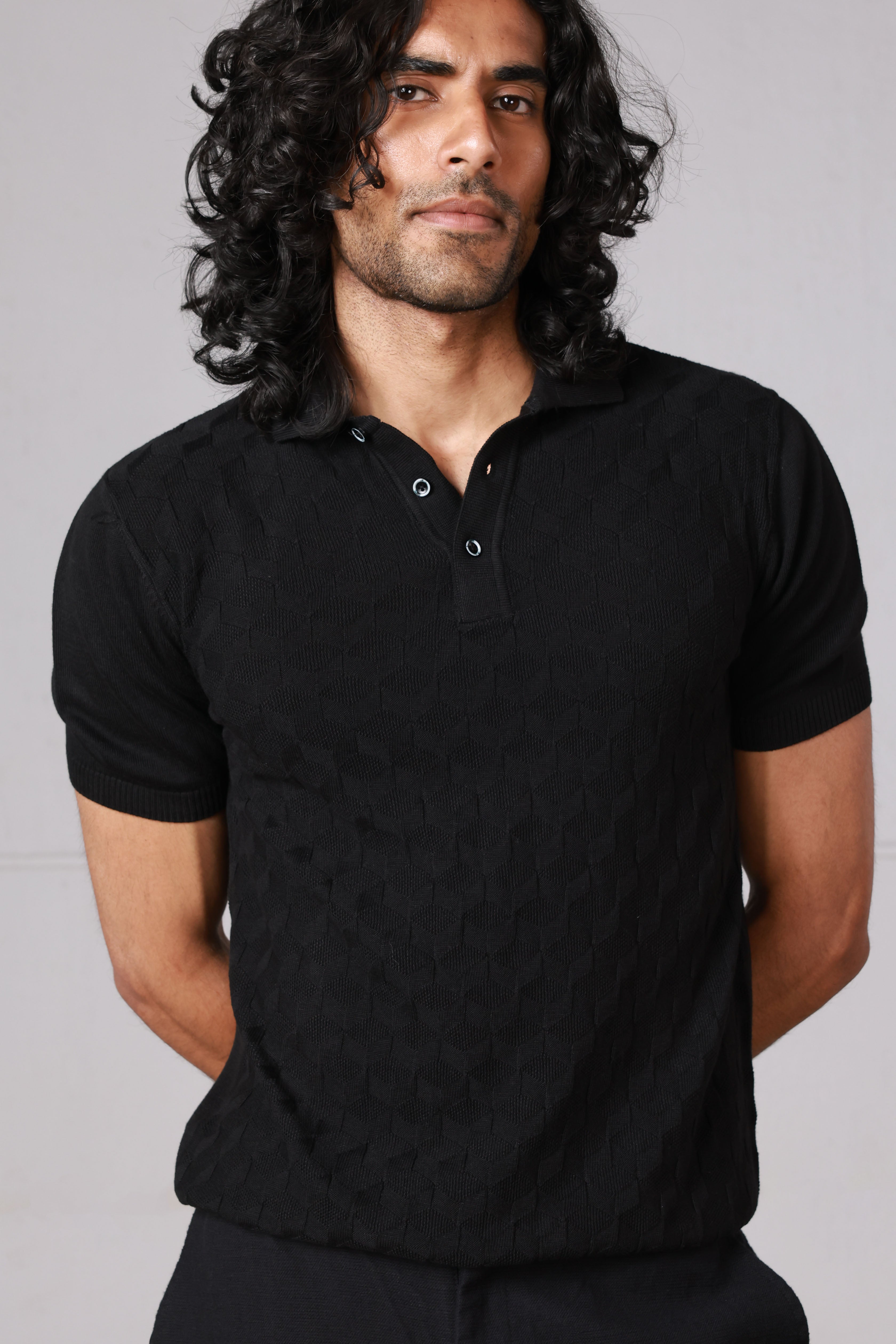 Black Textured Knitted Polo