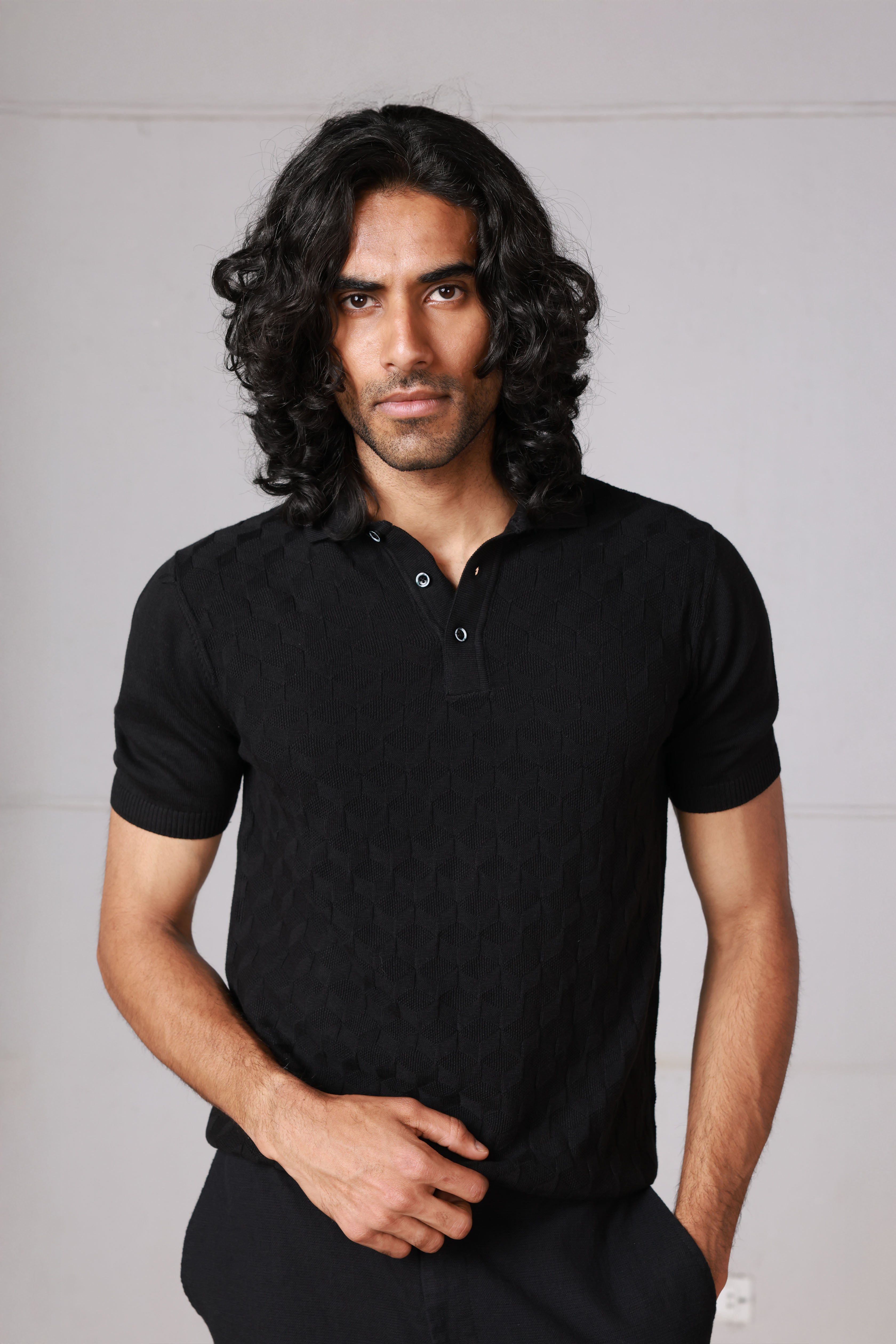 Black Textured Knitted Polo