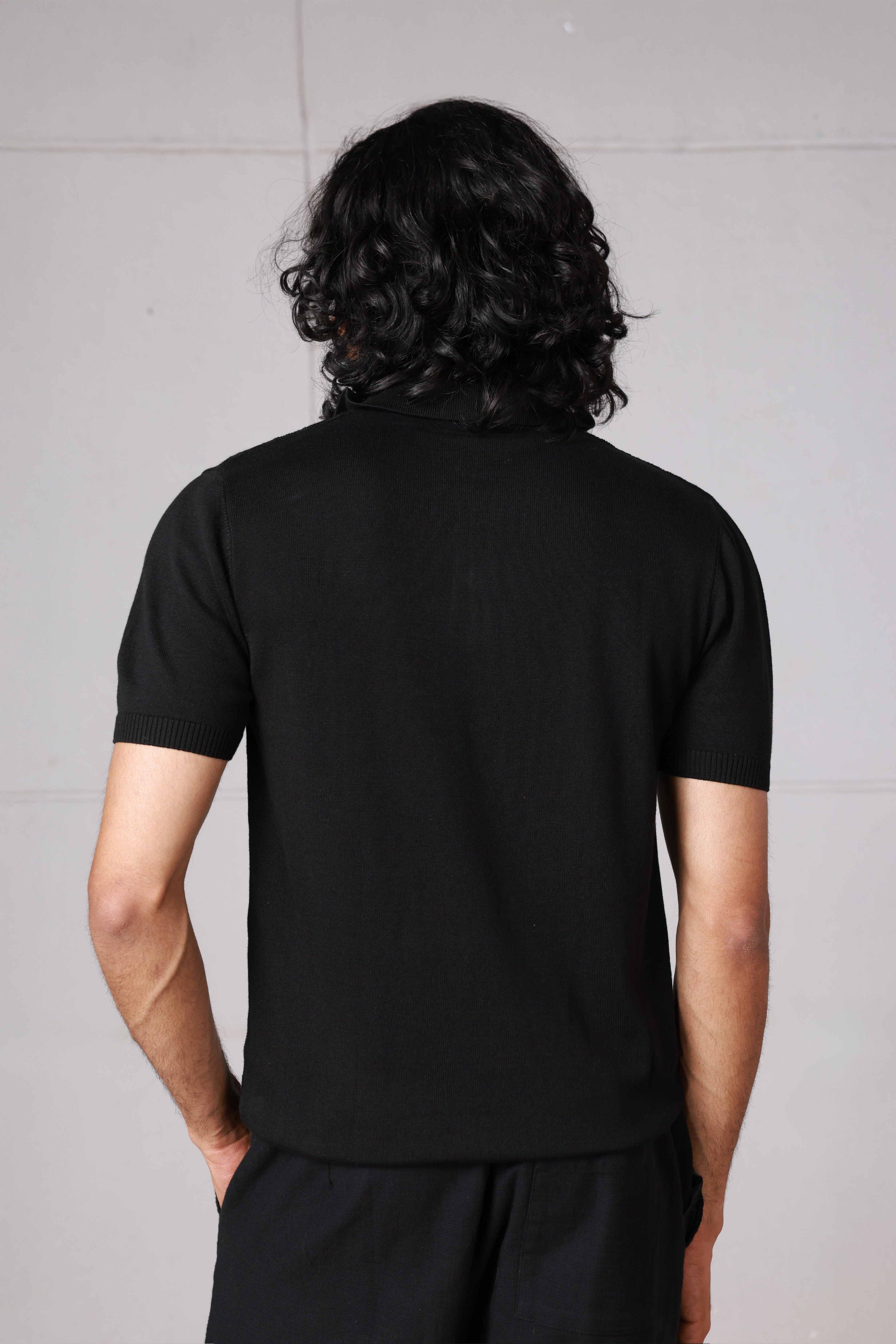 Black Textured Knitted Polo