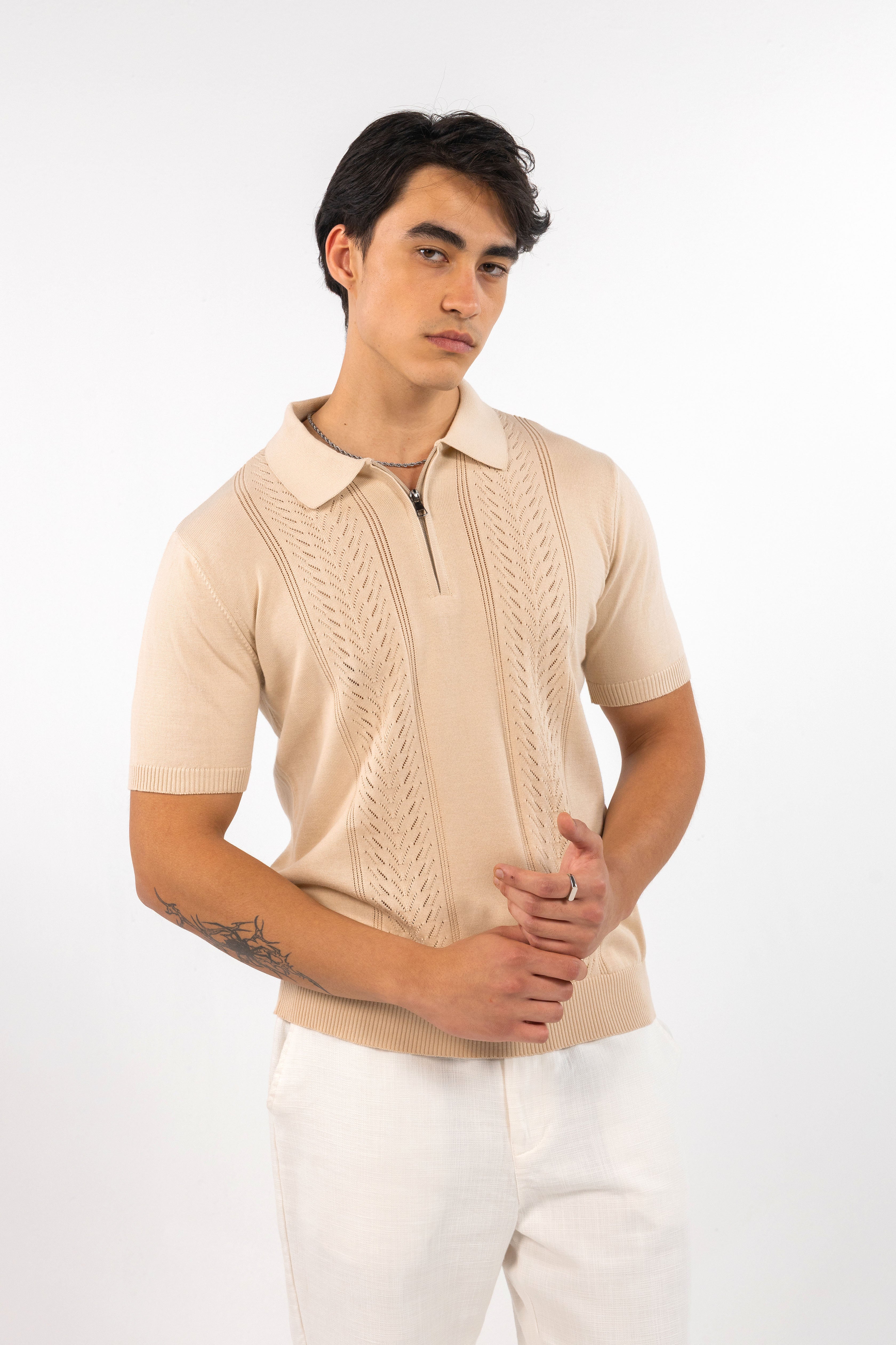 Beige Quarter Zipped Knit Polo