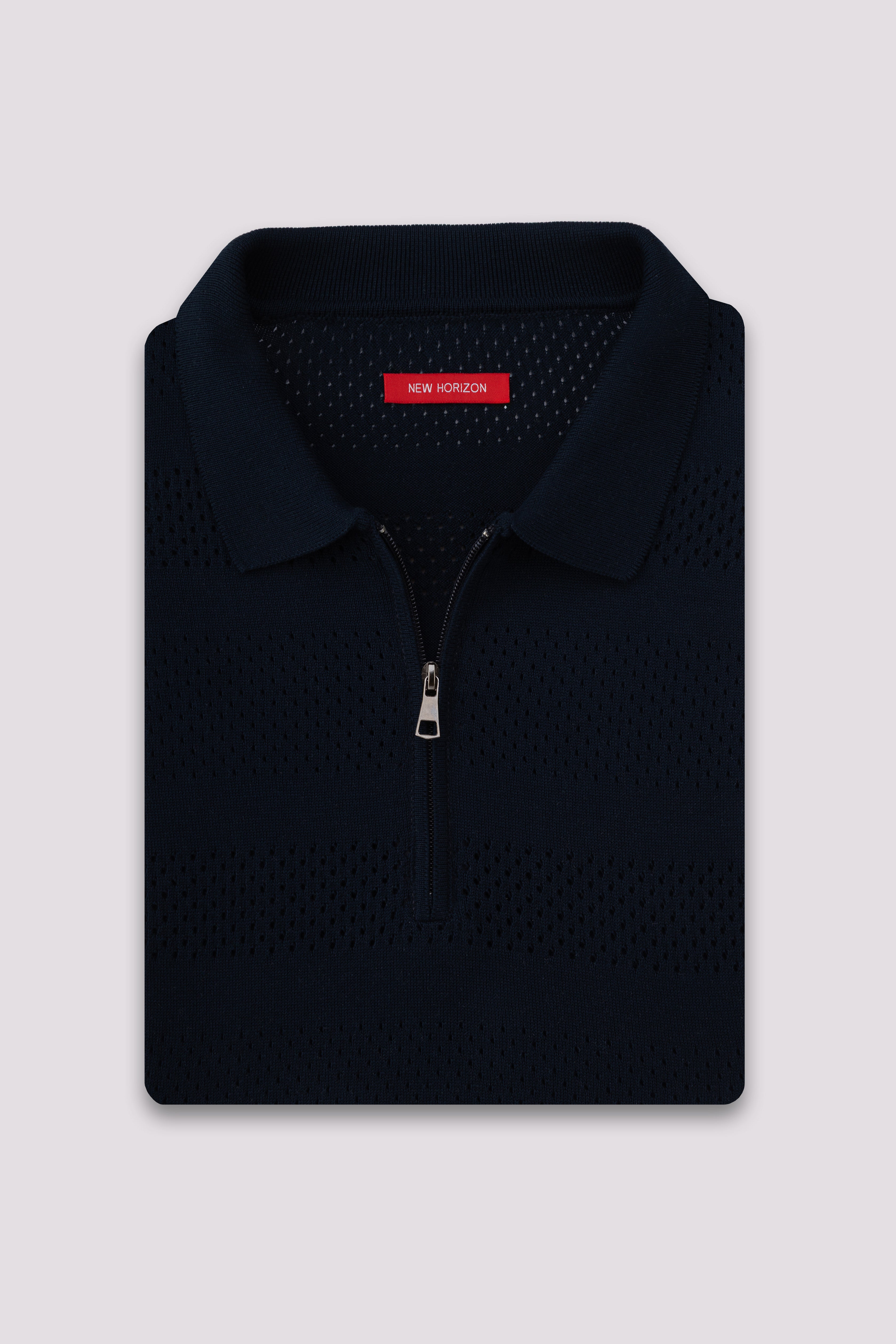 Navy Cutwork Knitted Zipped Polo