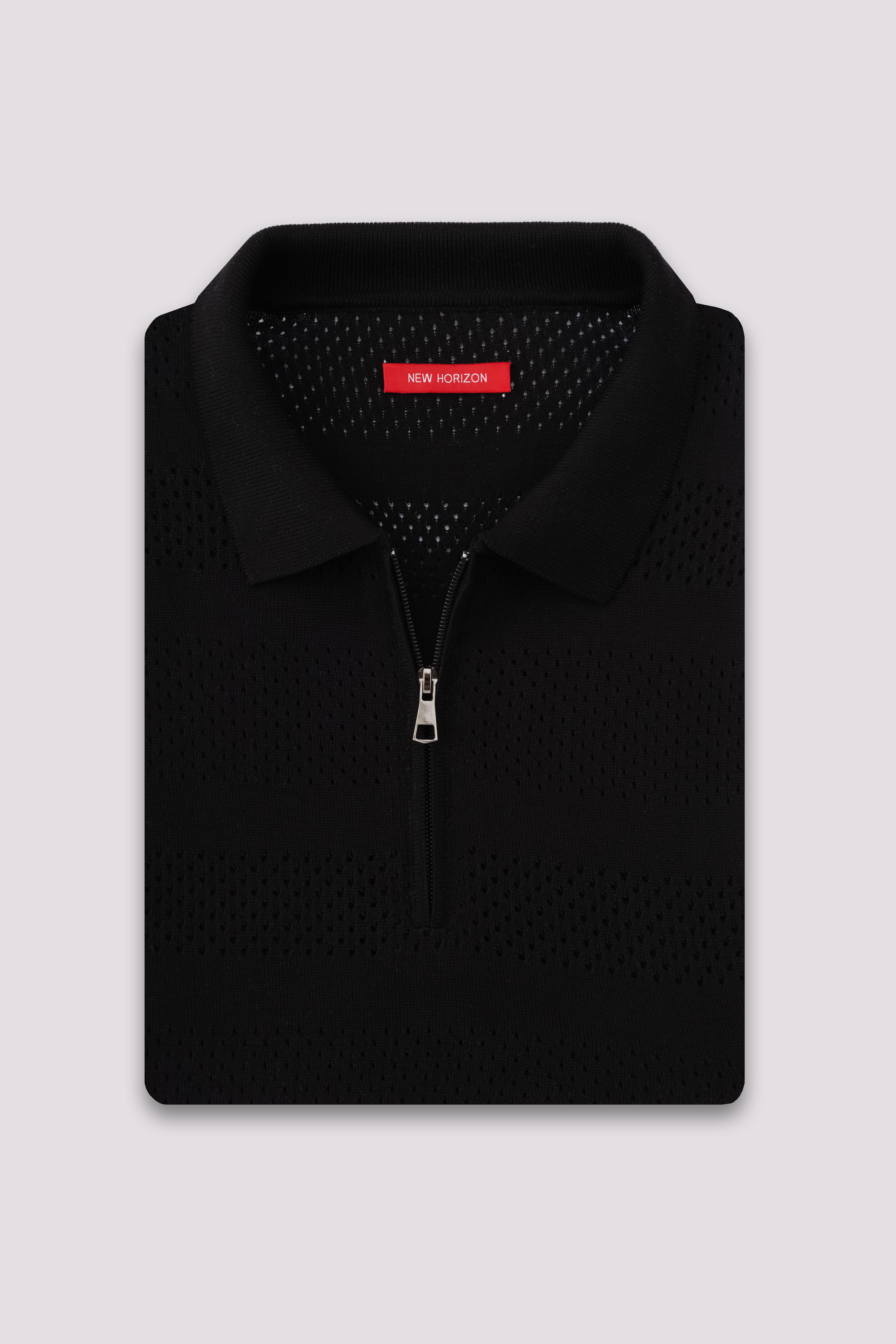 Black Cutwork Knitted Zipped Polo