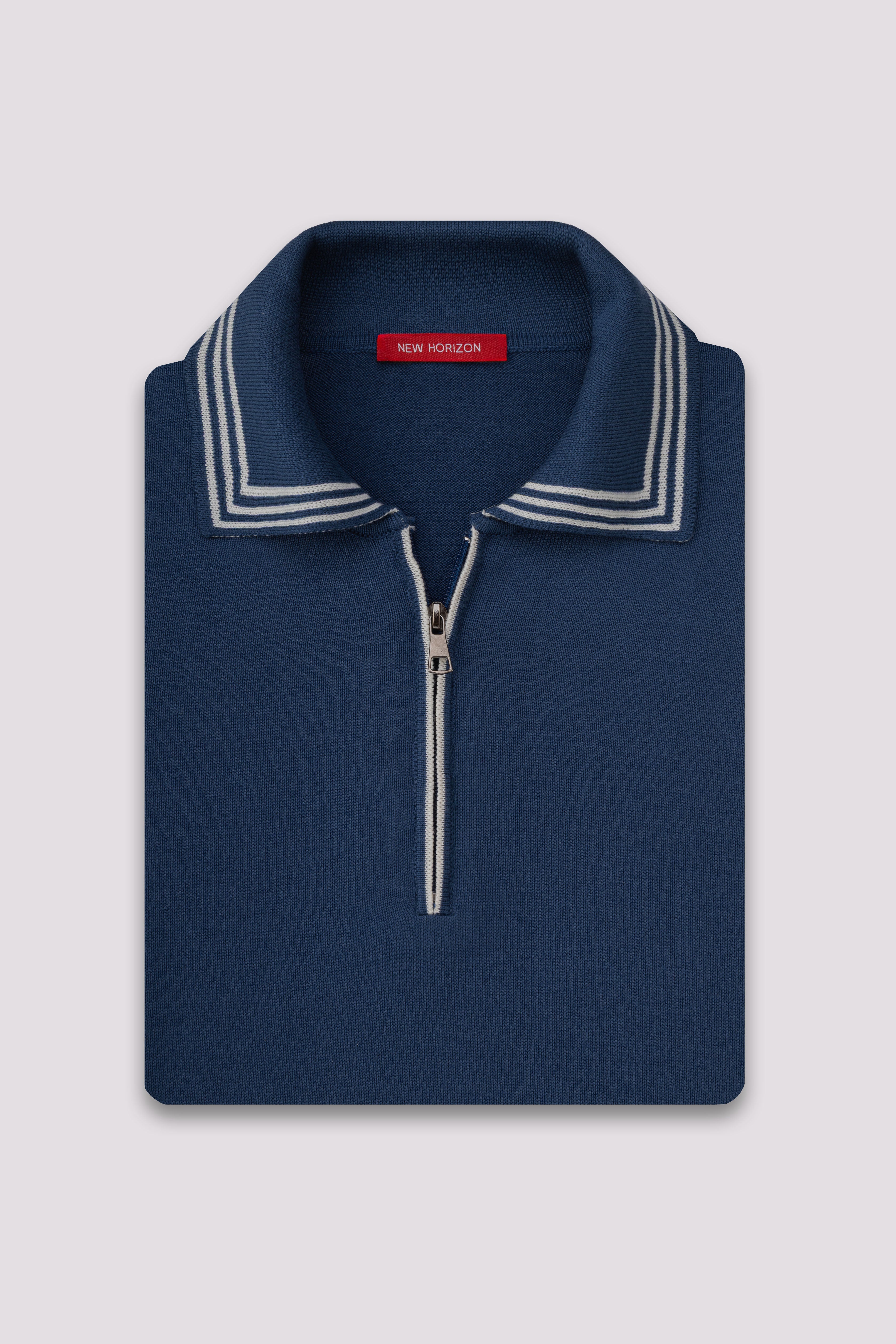 Navy Knitted Zipped Polo