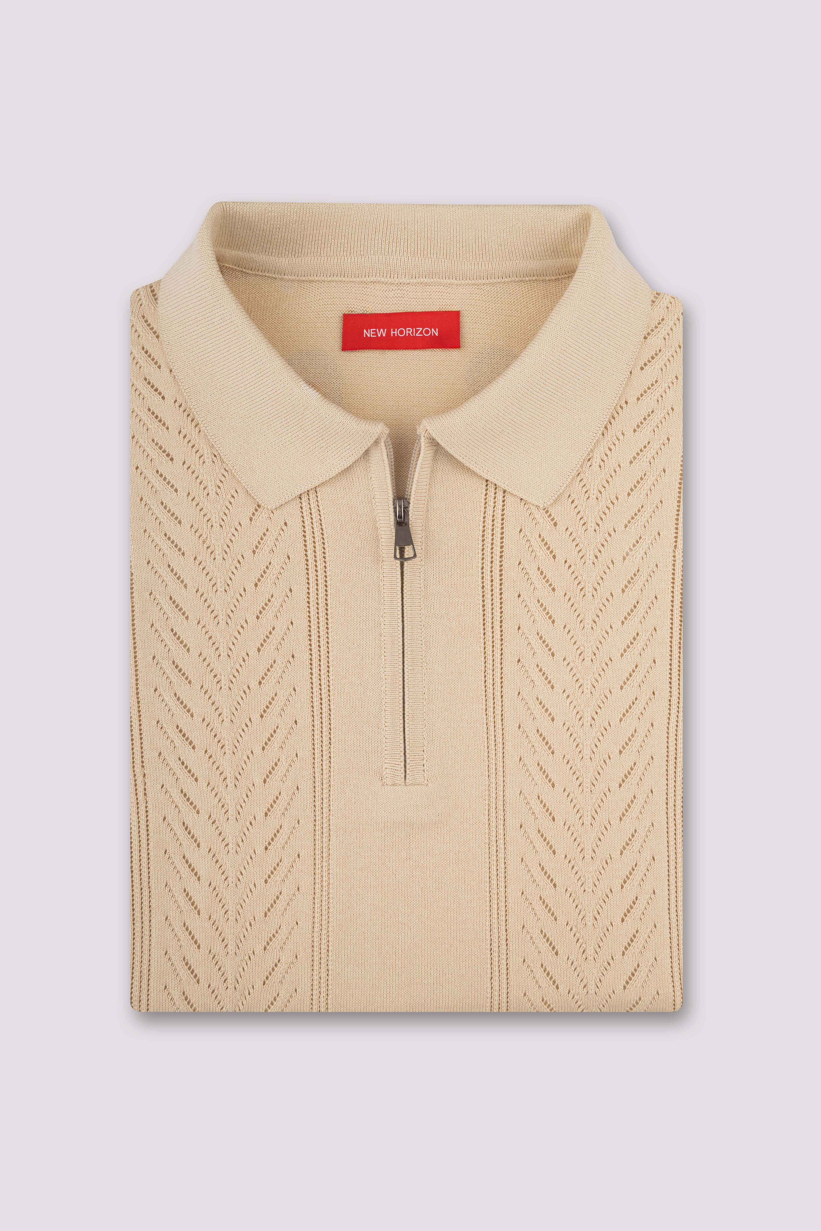 Beige Quarter Zipped Knit Polo